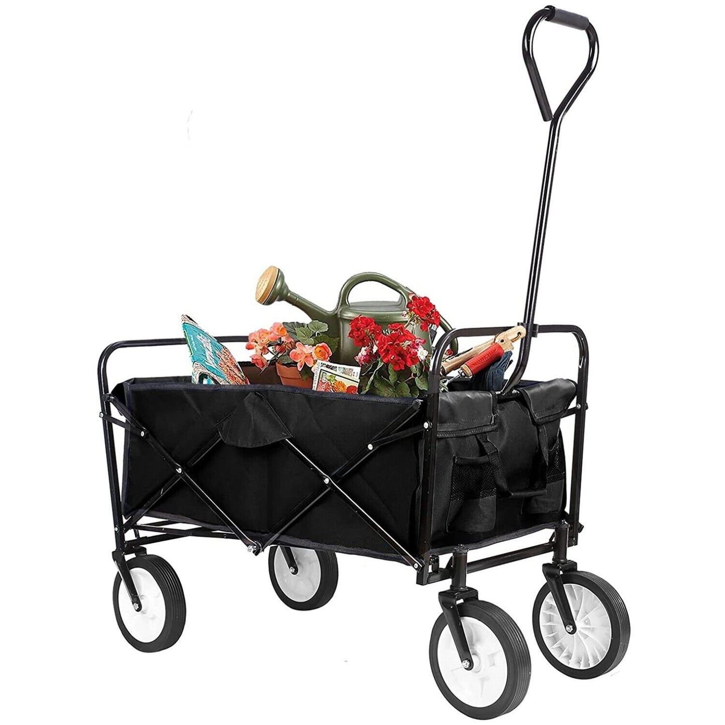 Arlopu Collapsible Utility Wagon Cart, Folding Grocery Cart, Heavy Duty Steel Wagon for Outdoor Shopping, Camping, Picnic, Weight Capacity 150 lbs