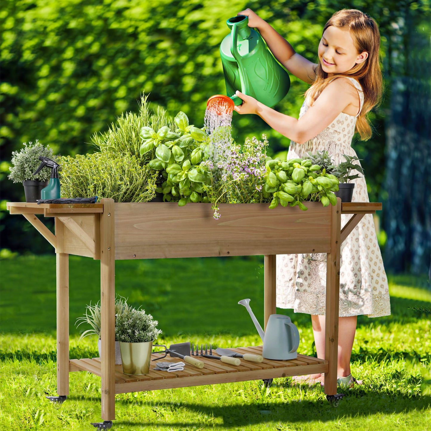 Arlopu Raised Garden Bed with Wheels, Elevated Wood Planter Box with Side Tables and Open Shelf for Outdoor Patio Garden