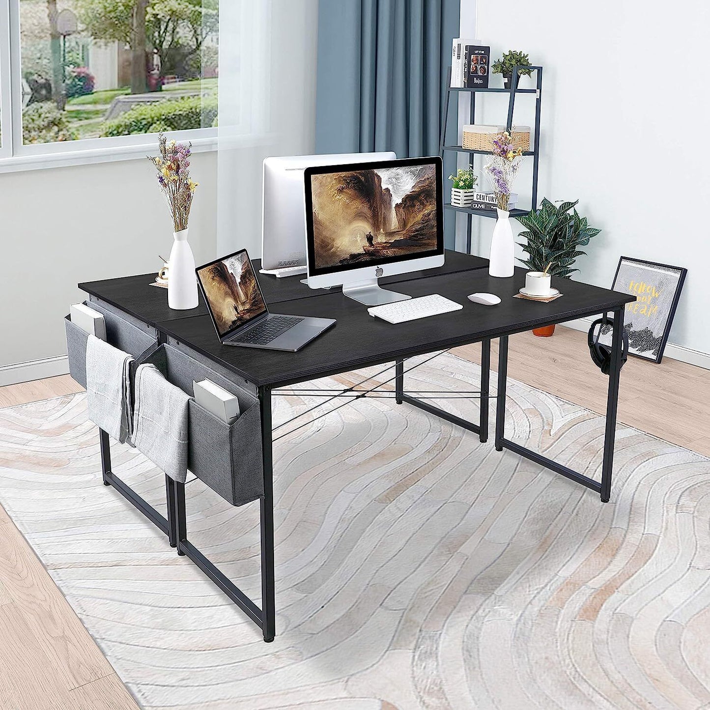 Arlopu 55'' Computer Desk, Home Office Desk with Side Storage Bag, Modern Simple Style Writing Study Desk PC Laptop Table