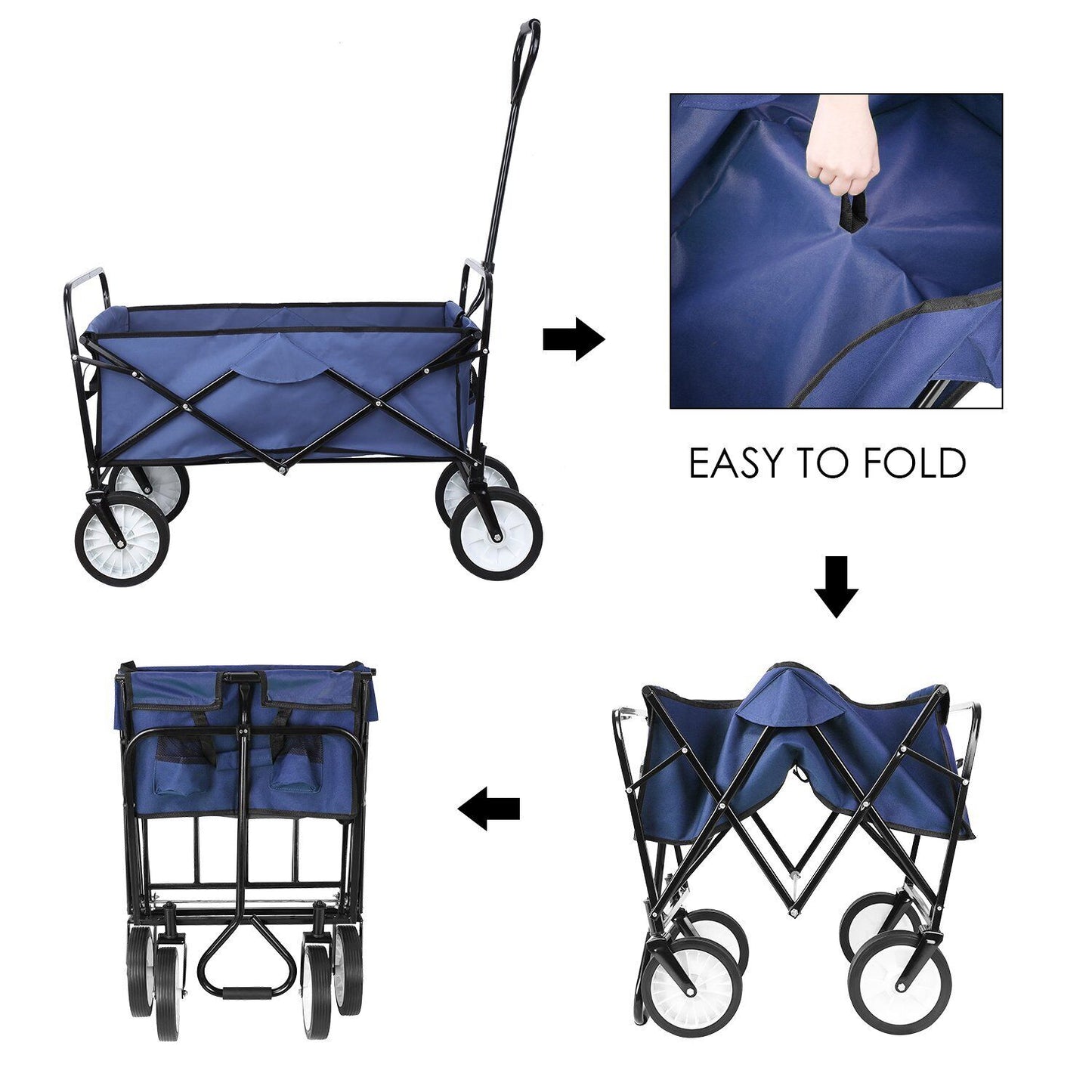 Arlopu Collapsible Utility Wagon Cart, Folding Grocery Cart Outdoor Camping Cart, 150 lbs, 262L (Navy Blue)