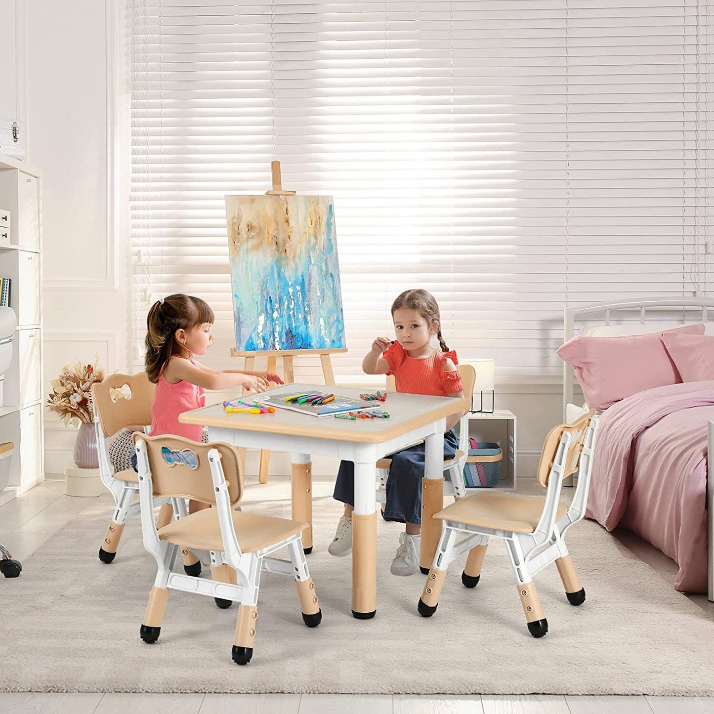 Arlopu 5 Pieces Kids Study Table and 4 Chair Set, Height Adjustable Toddler Table and Chair Set for 4, Multifunctional Toddler Table, Reading, Drawing, Eating Interaction