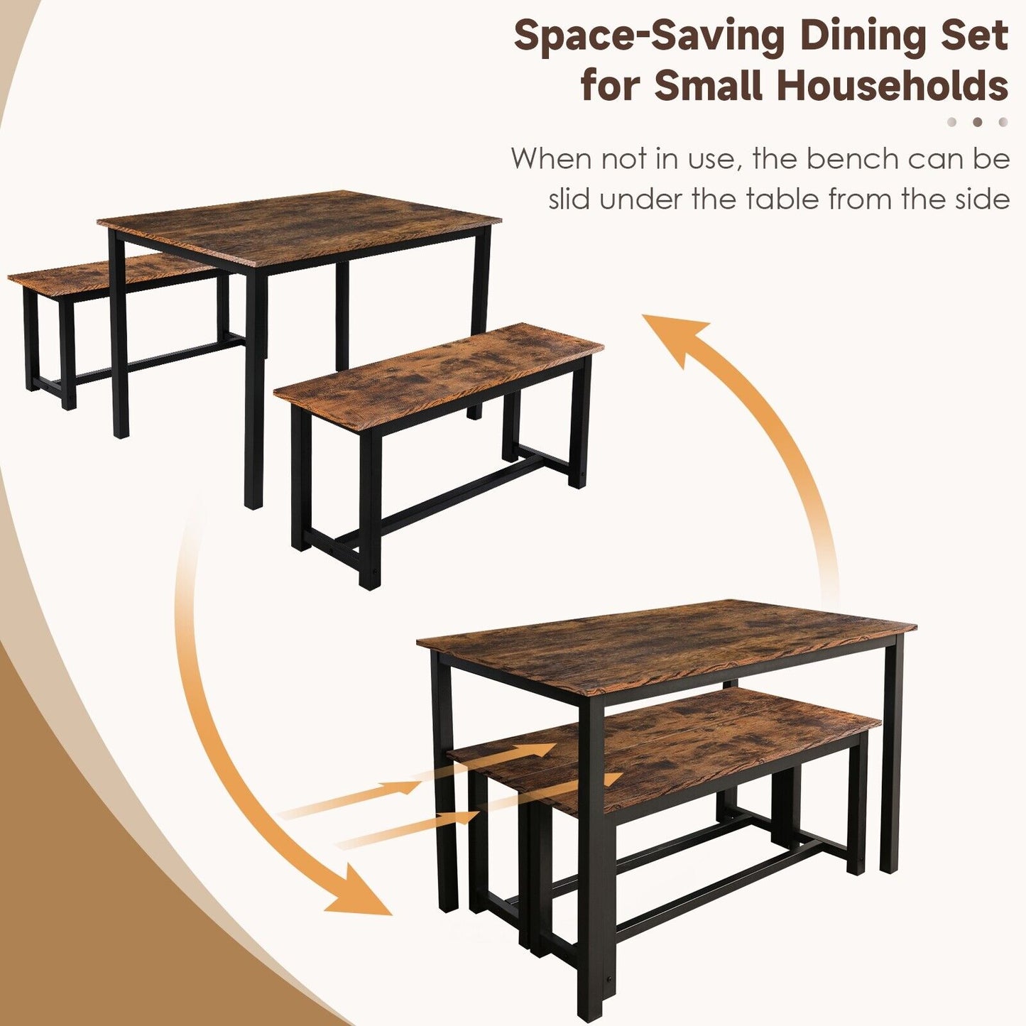 Arlopu Compact Dining Table Set with 2 Benches for Dining Room / Kitchen