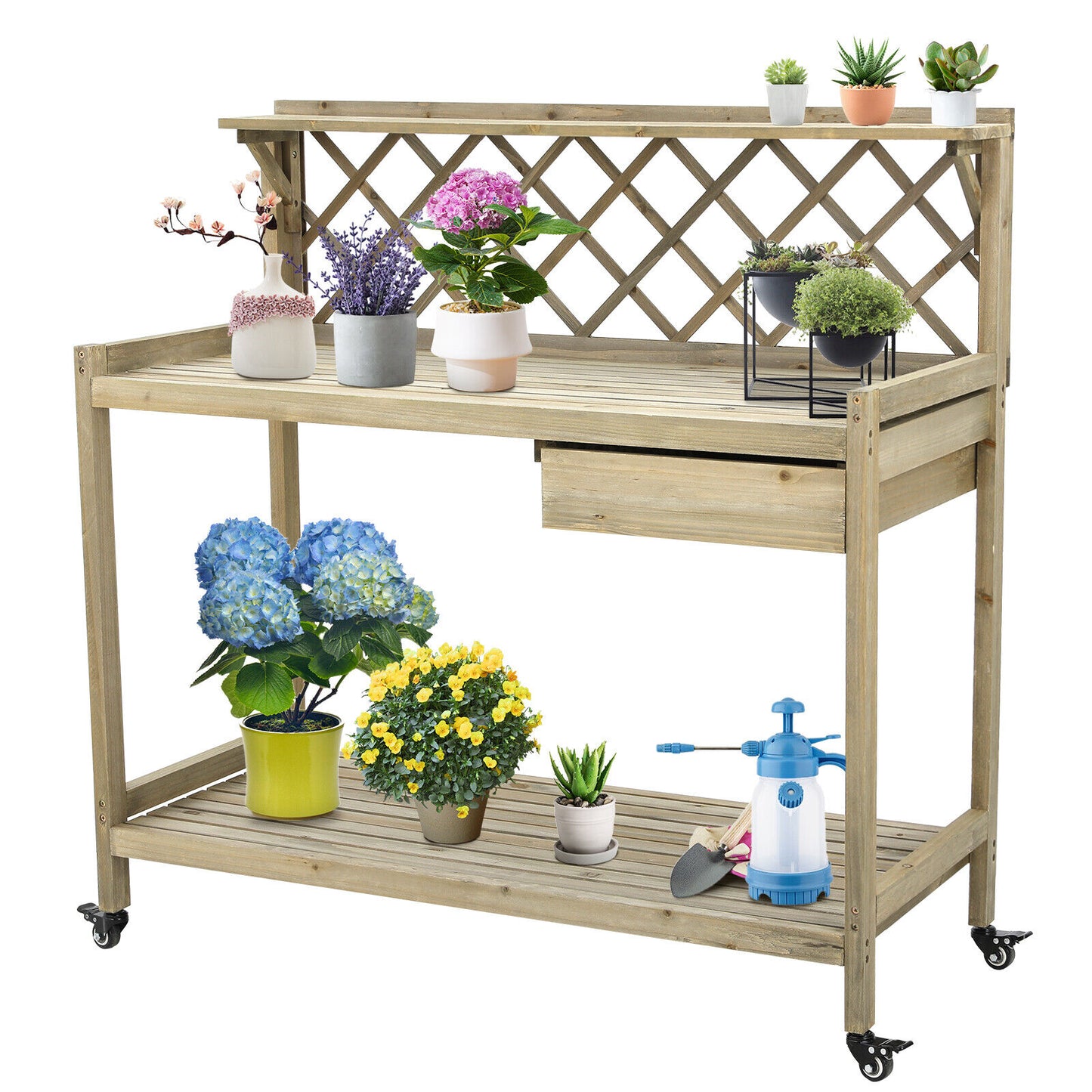 Arlopu Garden Potting Bench with Wheels, Wooden Workstation Table with Cabinet Drawer, Open Storage Shelf