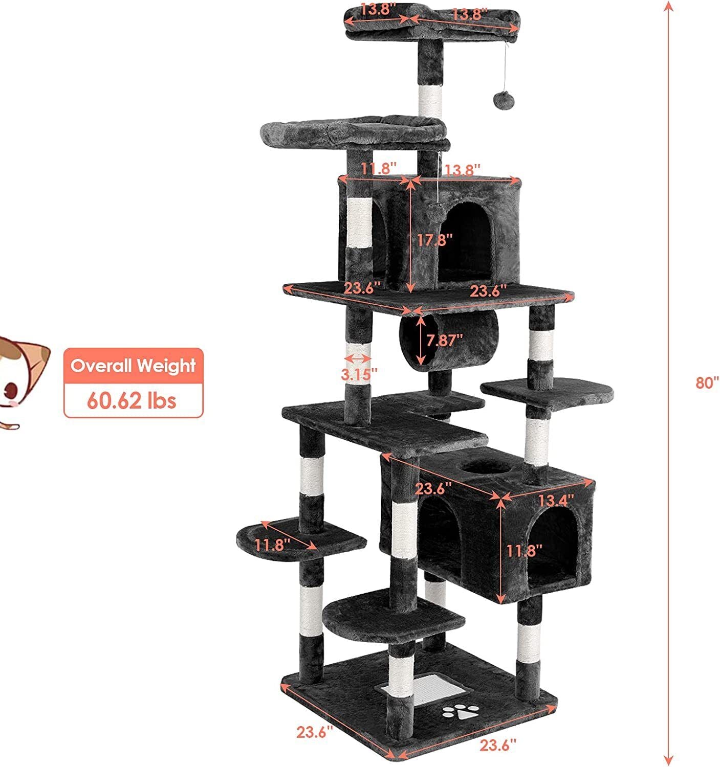 Arlopu Extra Large Cat Tree, 80'' Multi-Level Cat Tower with Double Condo, Cat Kitten Climber Furniture with Scratching Posts