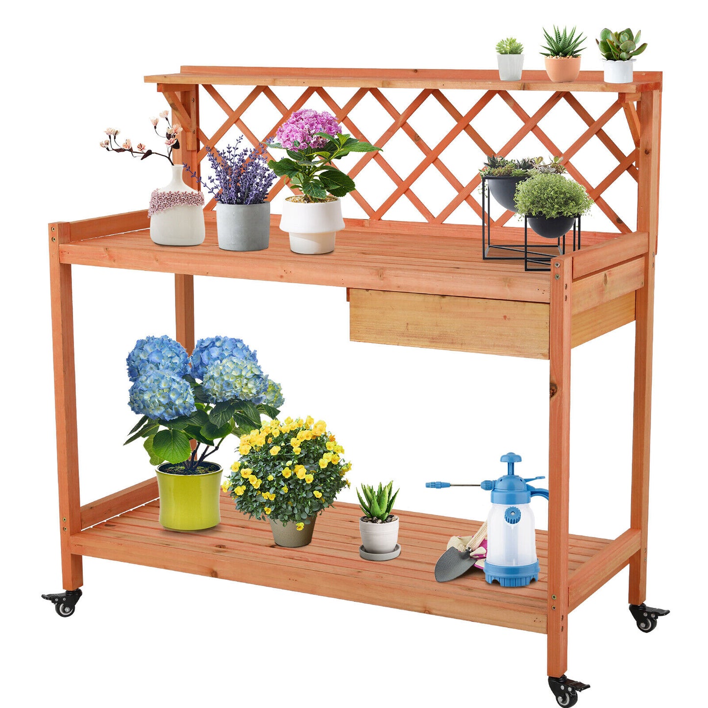 Arlopu Garden Potting Bench, Wooden Planting Table with Wheels, Outside Workstation Table W/ Cabinet Drawer