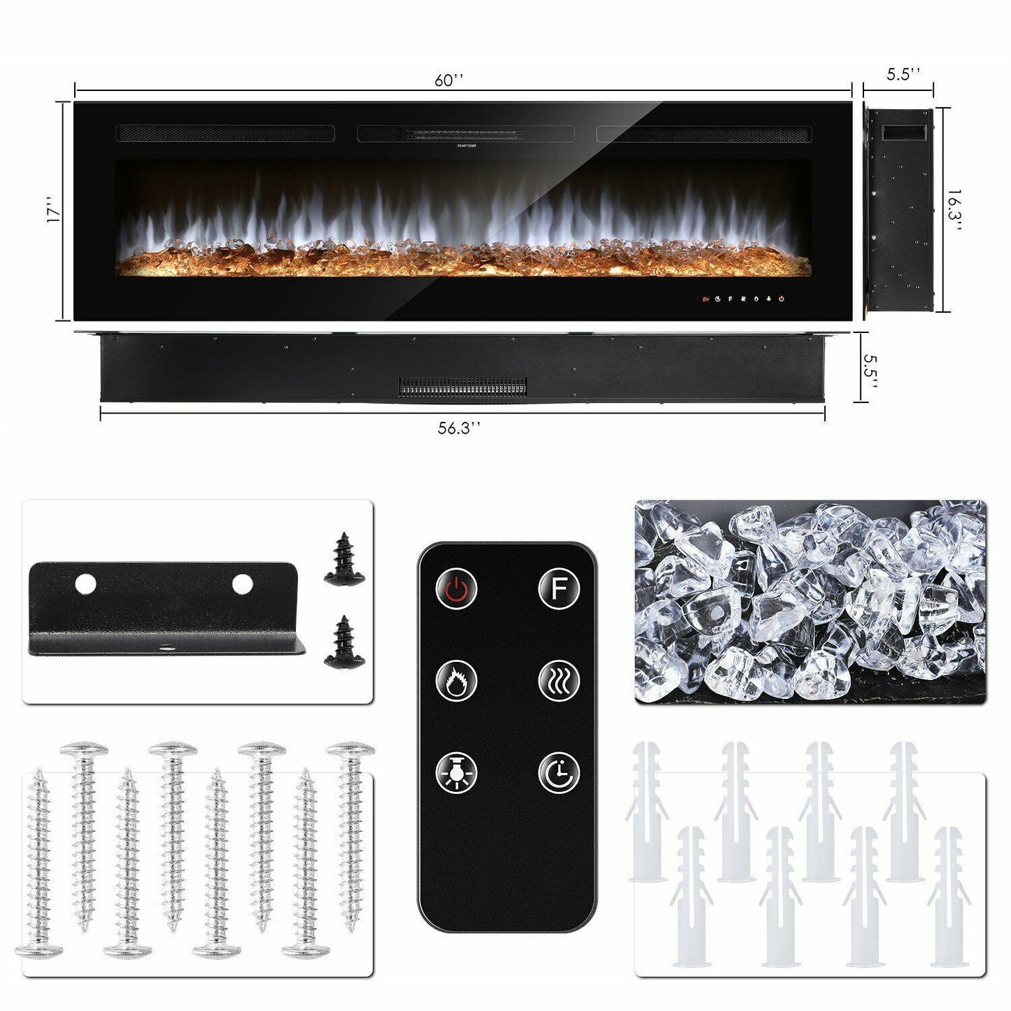 Arlopu 60'' Electric Fireplace, Wall Mounted / Recessed Fireplace Heater with Remote Control, Timer, Touch Screen