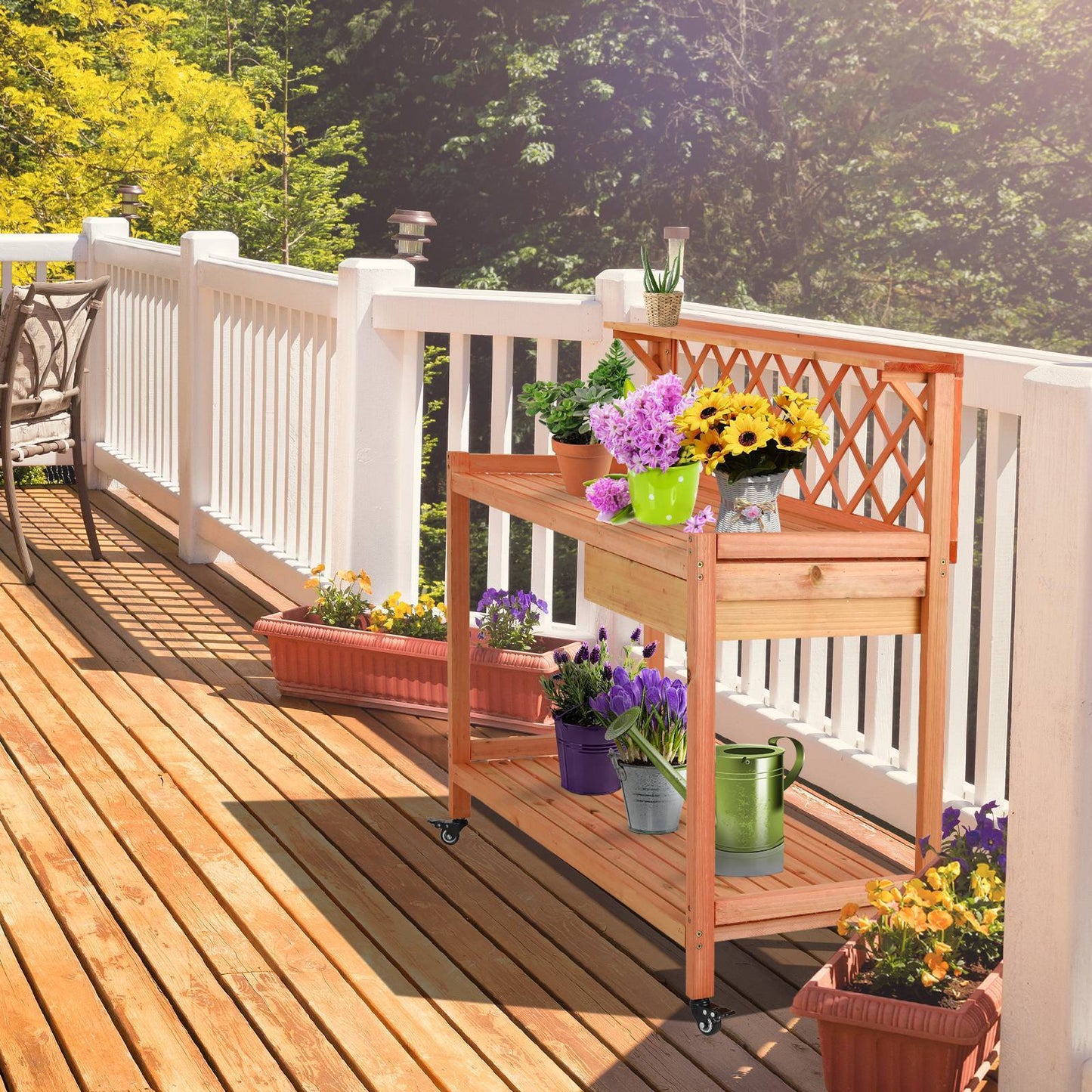 Arlopu Garden Potting Bench, Wooden Planting Table with Wheels, Outside Workstation Table W/ Cabinet Drawer