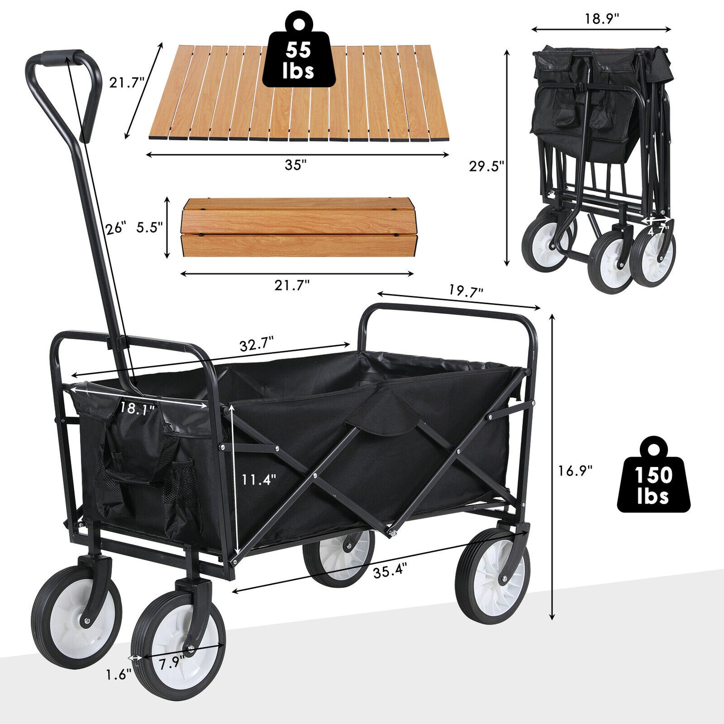 Arlopu Collapsible Utility Wagon Cart with Folding Table Plate, Portable Wagon with Aluminum Alloy Table Combo for Outdoor Picnic, Camping, Grocery Shopping, 150 lbs