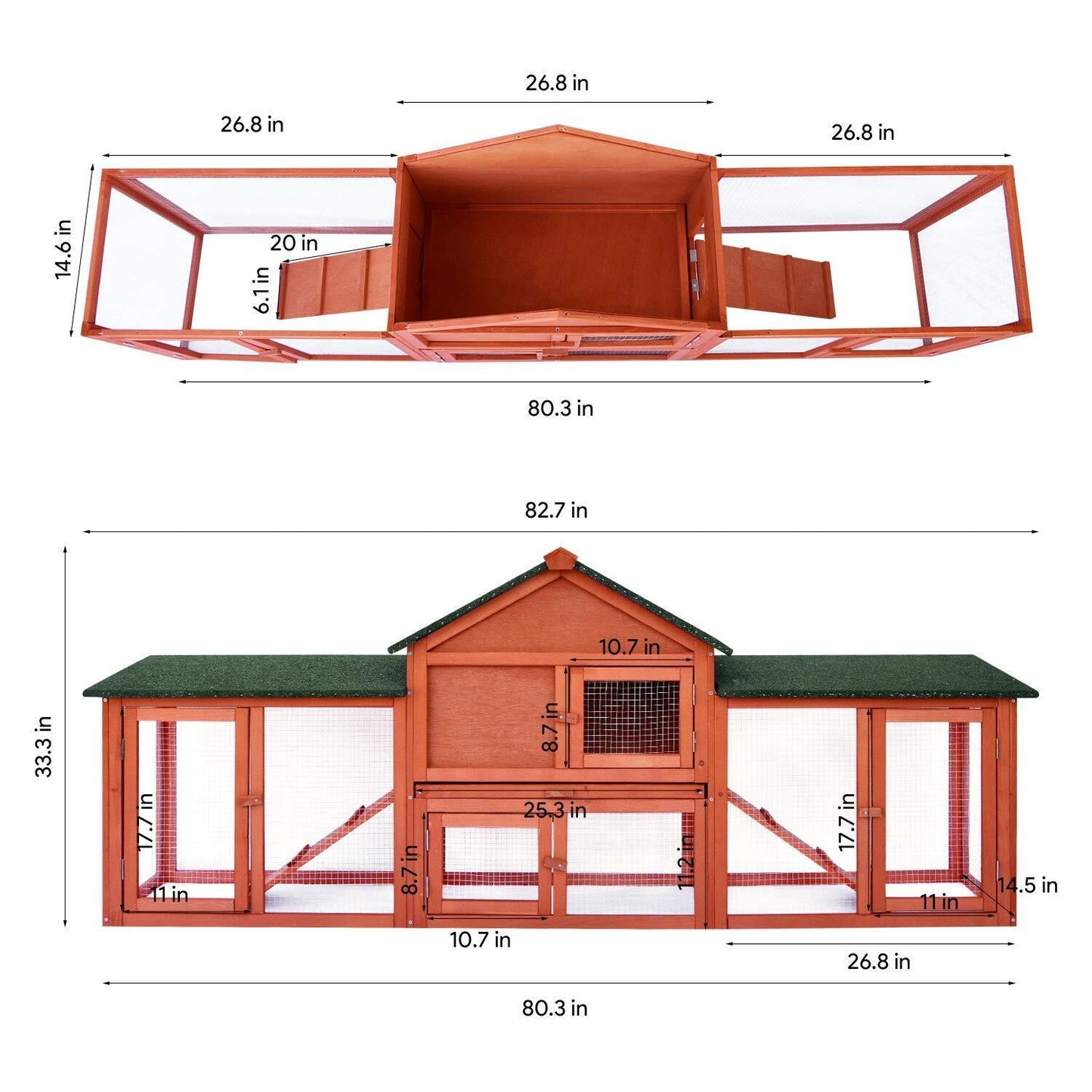 Arlopu 82.7'' Rabbit Hutch, Indoor Outdoor Backyard Bunny Cage Wooden Poultry Small Animals House with Ramps, Asphalt Roof