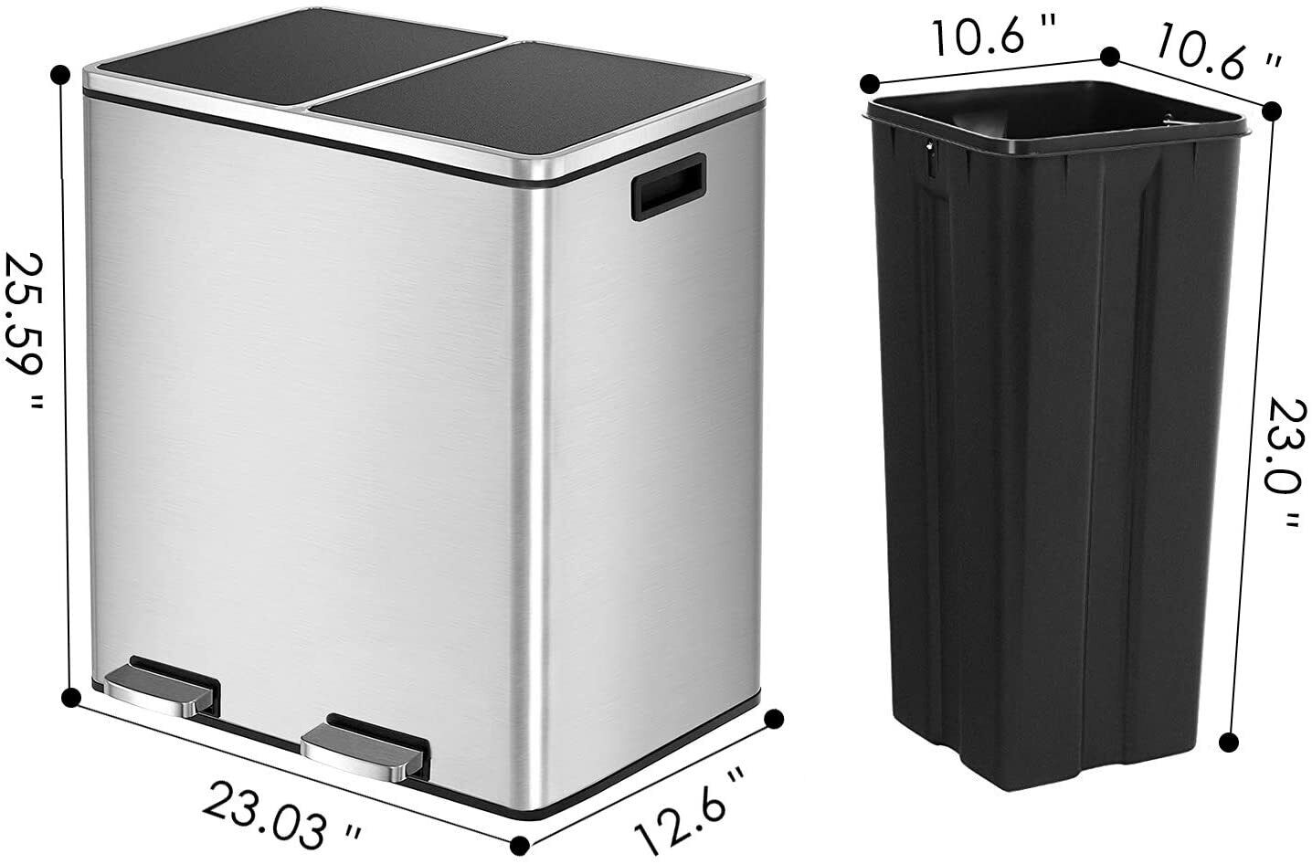 Arlopu 16 Gallon Dual Trash Can & Recycle Bin, Stainless Steel Kitchen Step Garbage Can with Lid, Foot Pedal