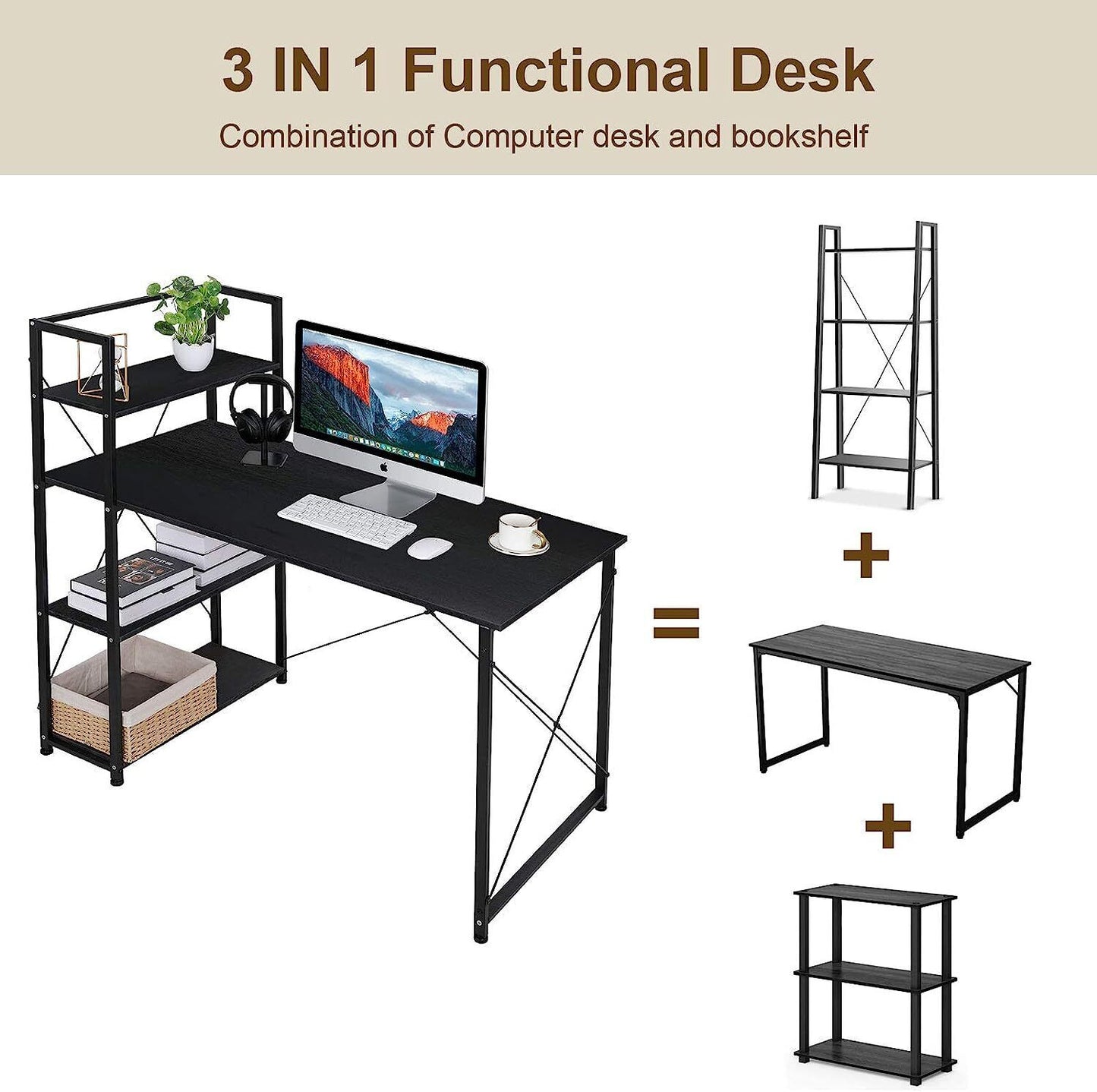 Arlopu Computer Desk, 47'' Home Office Desk Study Writing Table with Storage Shelves