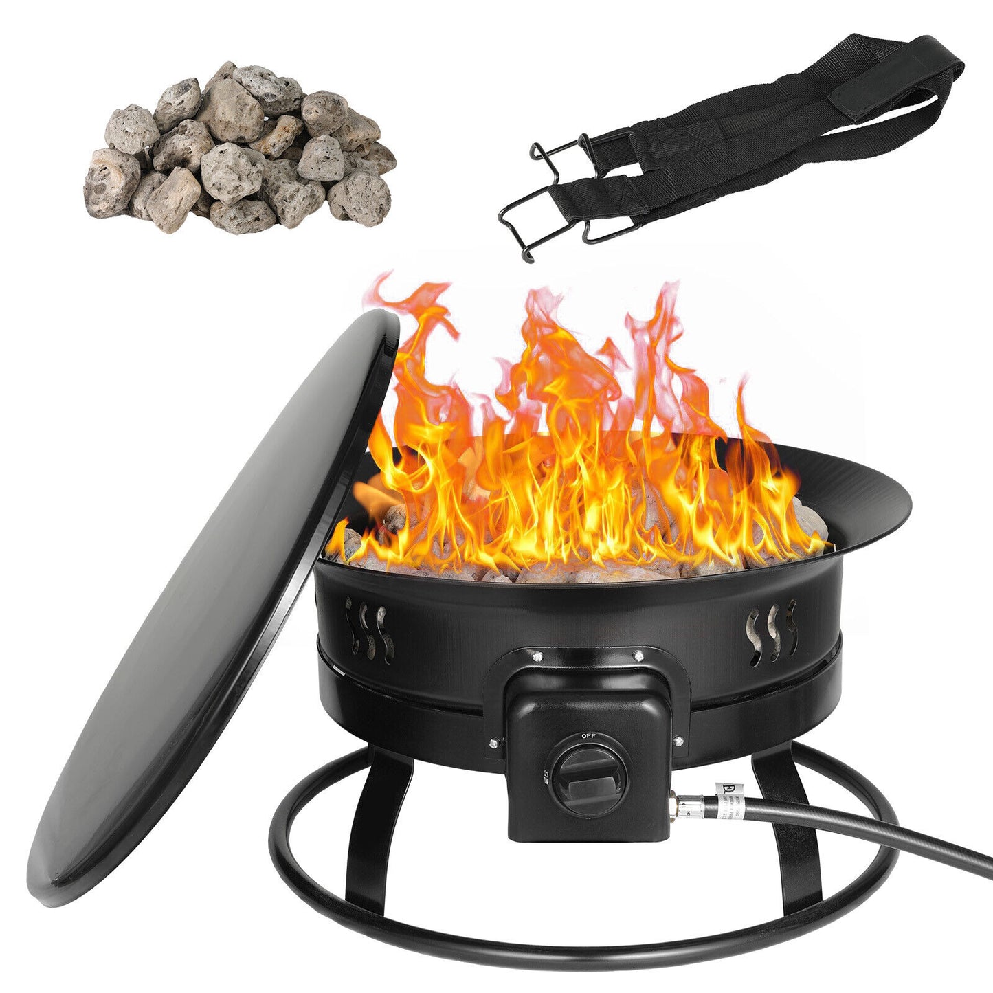 Arlopu 19in Outdoor Portable Propane Fire Pit with Cover & Lava Rocks, 58,000 BTU, Black