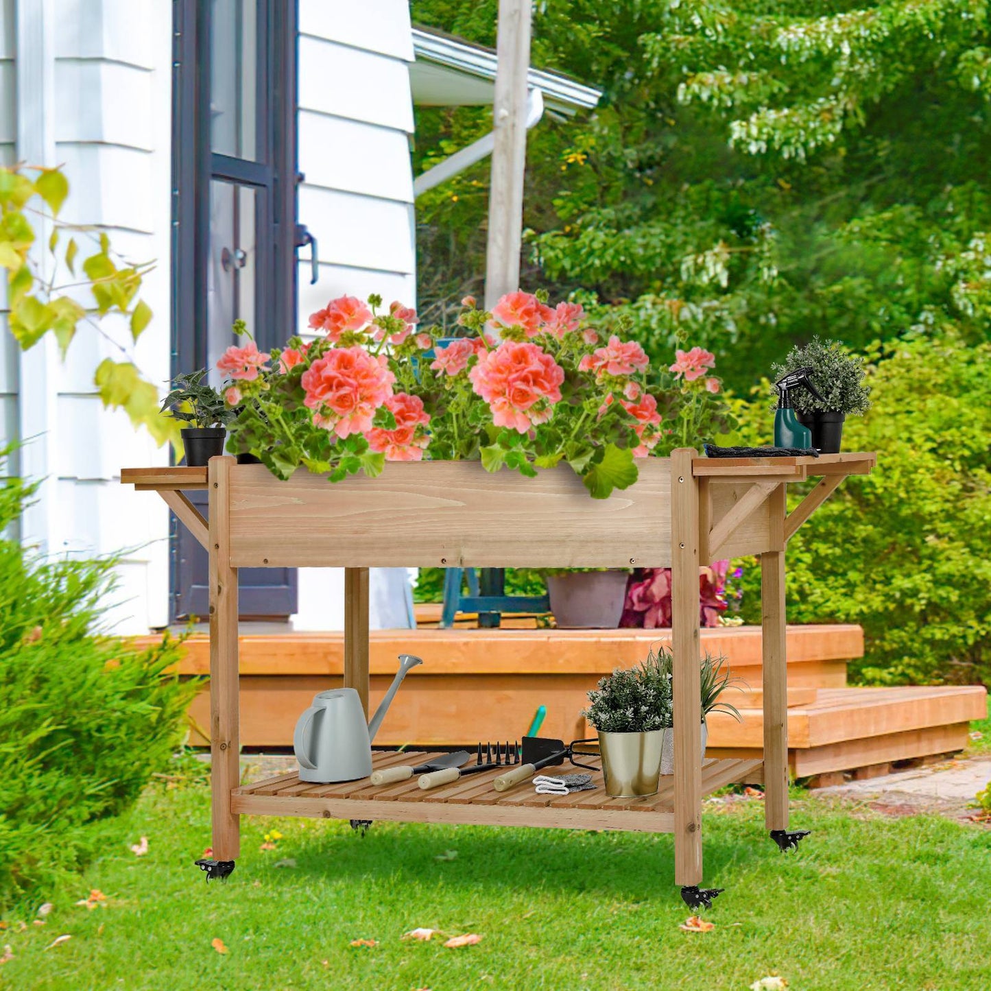 Arlopu Raised Garden Bed with Wheels, Elevated Wood Planter Box with Side Tables and Open Shelf for Outdoor Patio Garden