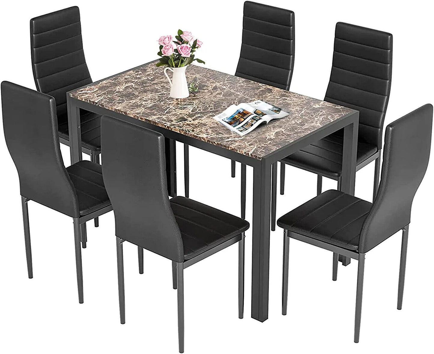 Arlopu 7-Piece Kitchen Dining Table Set for 6, Rectangle MDF Table and 6 PU Leather Chairs for Kitchen, Dining Room