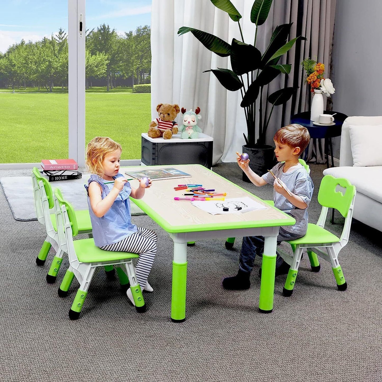 Arlopu Rectangular Kids Table and 4 Chairs Set, Plastic Desk Activity Arts & Crafts Table, Adjustable Height