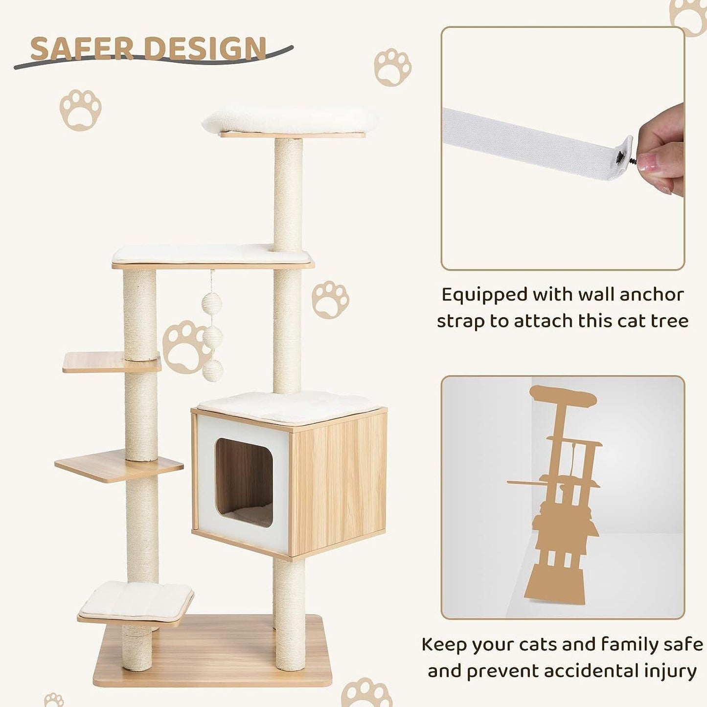 Arlopu 55'' Tall Modern Cat Tree Tower for Indoor Cats, Wooden Cat Climbing Stand Furniture, 6 Level Platform Cat Activities Condo House with Scratch Post, Washable Mats & Top Perch, for Kittens & Large Cats