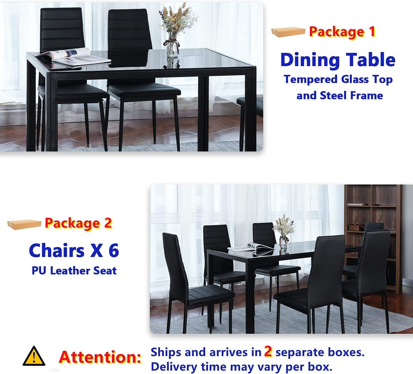 Arlopu 7 Piece Kitchen Dining Table Set for 6, Glass Dining Table and 6 PU Leather Chairs - Black