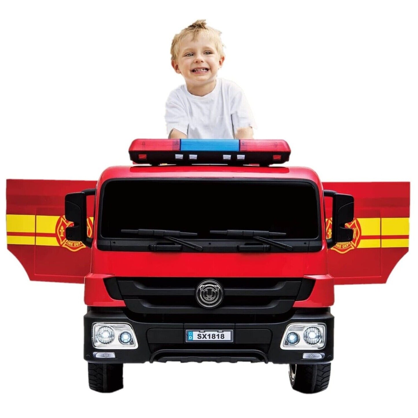 Arlopu Kids 12V Ride On Fire Truck, Battery Powered Toy Car, with Parent Remote Control, Spring Suspension, Simulation Kids' Electric Vehicles, Power Wheels with Accessories, LED Lights, MP3 Player