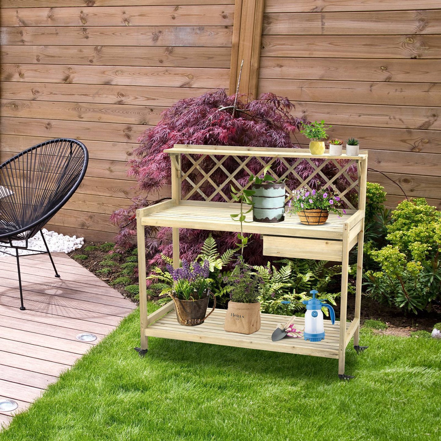 Arlopu Garden Potting Bench with Wheels, Wooden Workstation Table with Cabinet Drawer, Open Storage Shelf