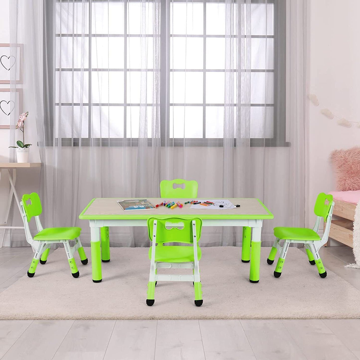 Arlopu Rectangular Kids Table and 4 Chairs Set, Plastic Desk Activity Arts & Crafts Table, Adjustable Height