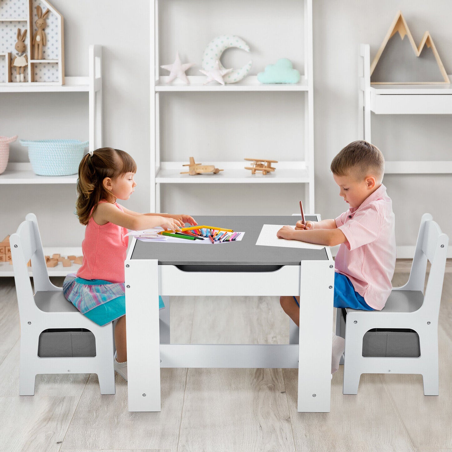 Arlopu Kids Table and 2 Chairs Set with Storage Drawer Children Writing Reading Table for Toddlers 2-8 Years