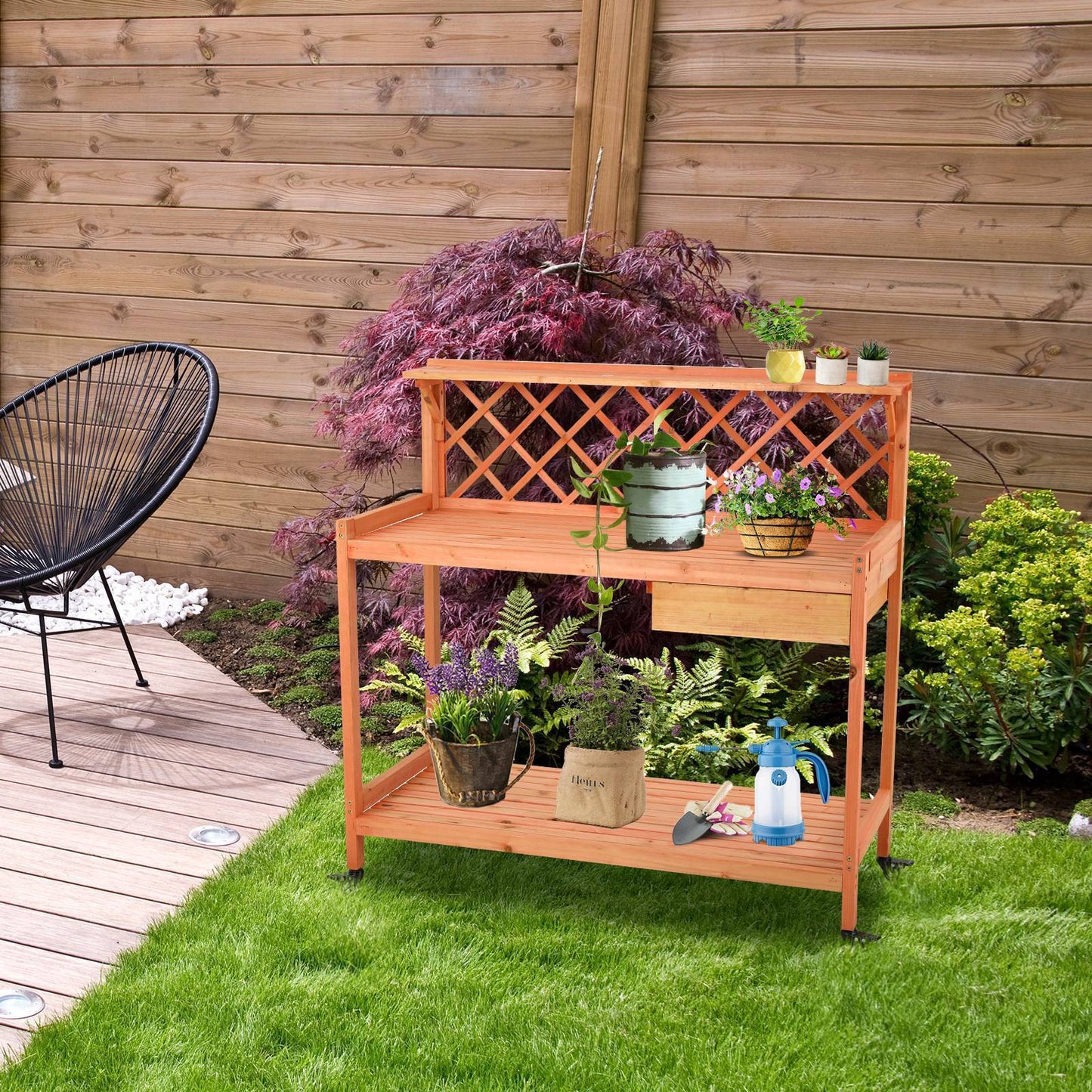 Arlopu Garden Potting Bench, Wooden Planting Table with Wheels, Outside Workstation Table W/ Cabinet Drawer