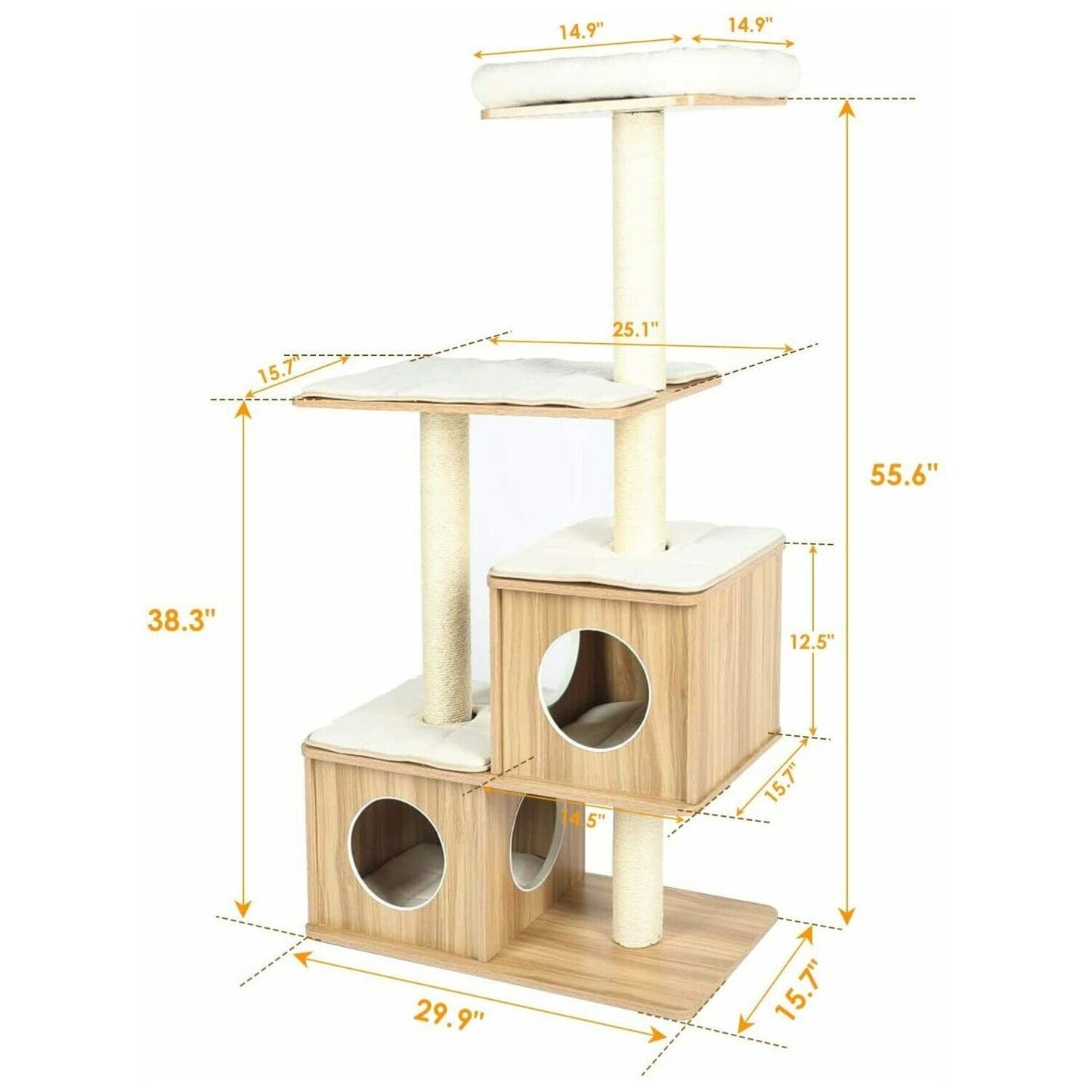 Arlopu Modern Wooden Cat Tree Tower, Large Cat Condo Furniture with Multi-Layer Platform, 55.6" Tall Cat Climbing Stand House with Sisal Scratching Post, Washable Plush Cushion for Kittens / Large Cats