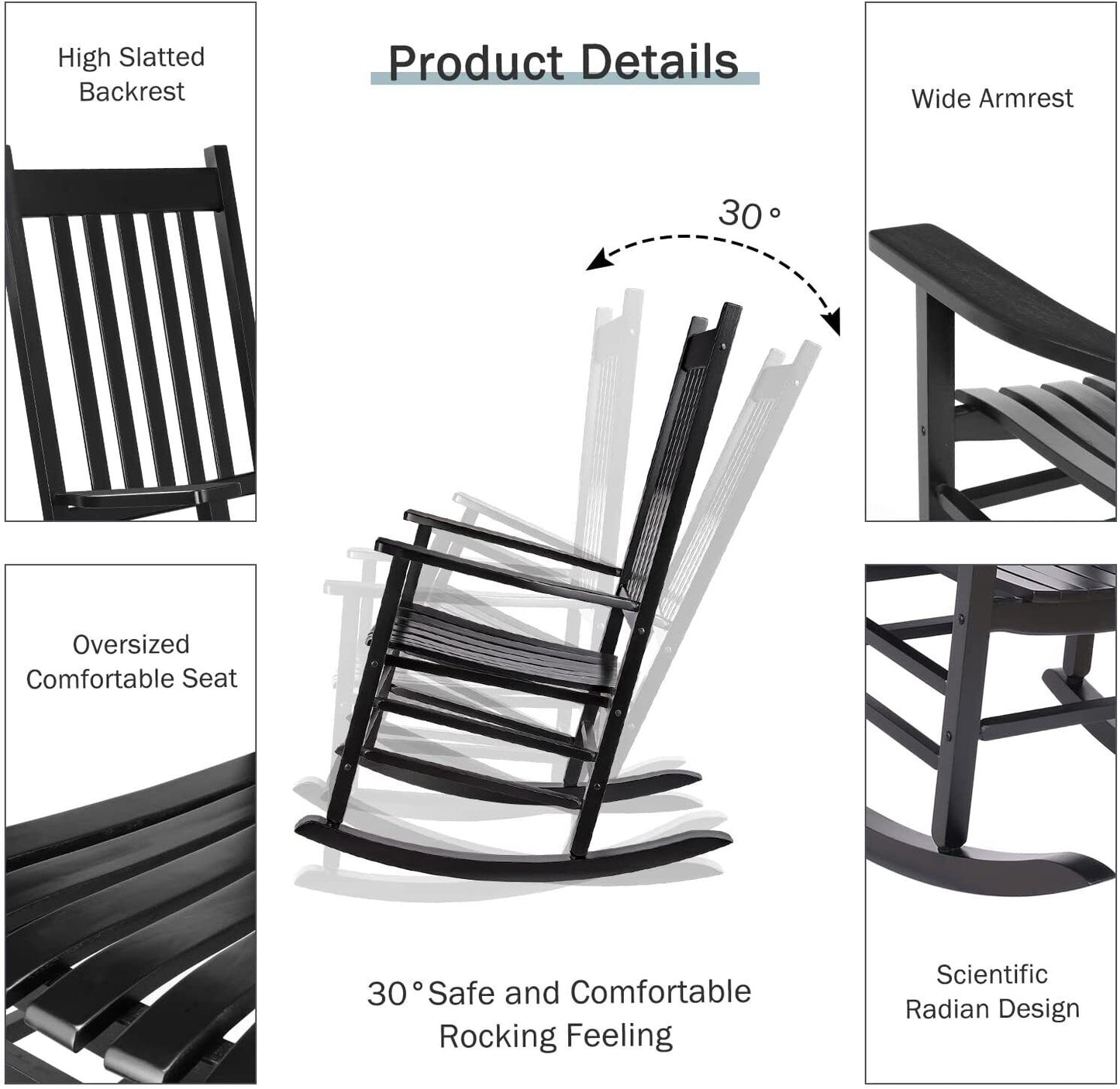 Arlopu Classic Patio Porch Wooden Rocking Chairs, 350 lbs, Weather Resistant - 2pcs