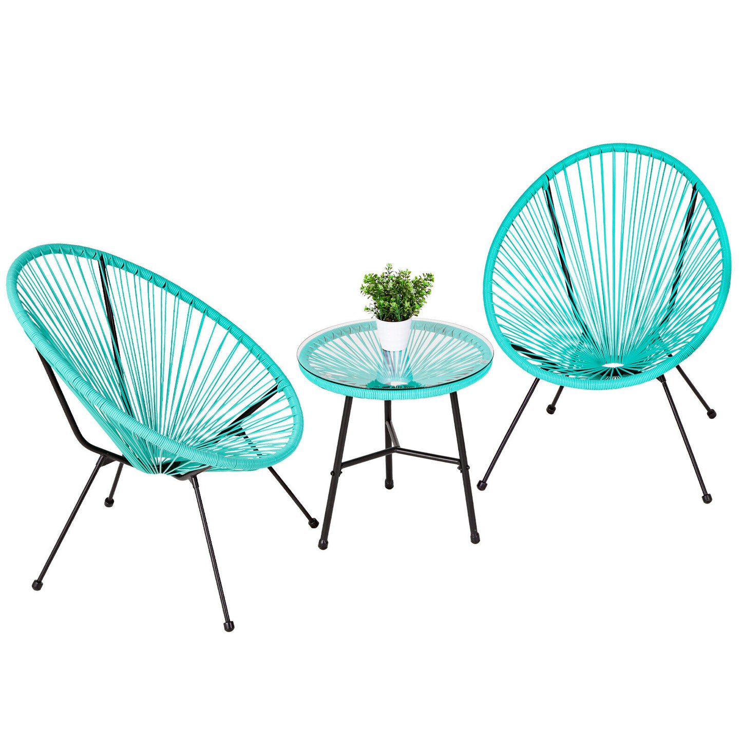 Arlopu 3-Piece All Weather Acapulco Set Patio Conversation Bistro Set Outdoor Furniture With Plastic Rope 2 Chairs and Glass Top Table