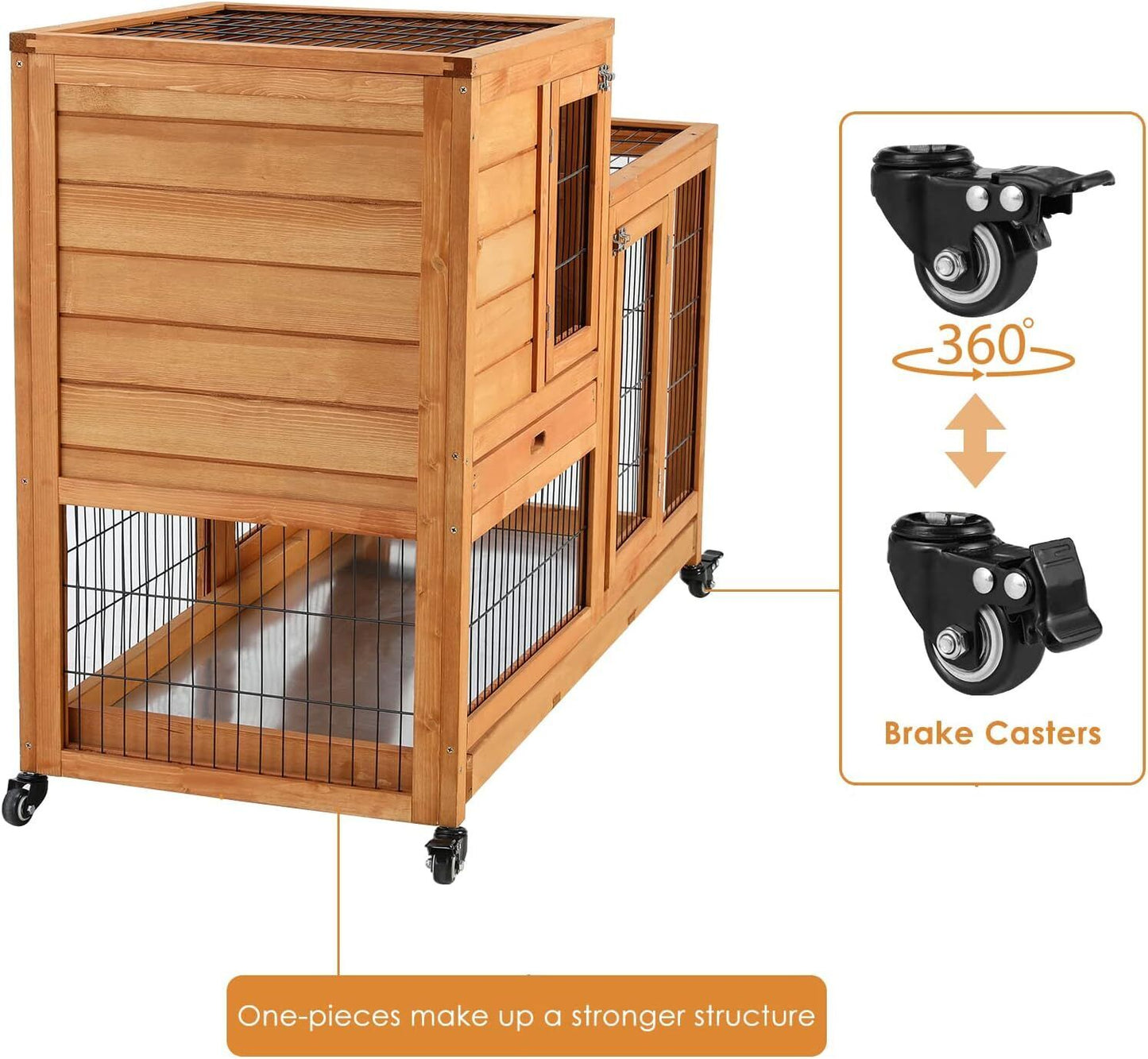 Arlopu 43.3'' Wooden Rabbit Hutch, Elevated Rabbit Cage On Brake Wheel, Large Rolling Bunny Hutch, with 2 Deeper No Leak Tray, Ramp, for Small Animals