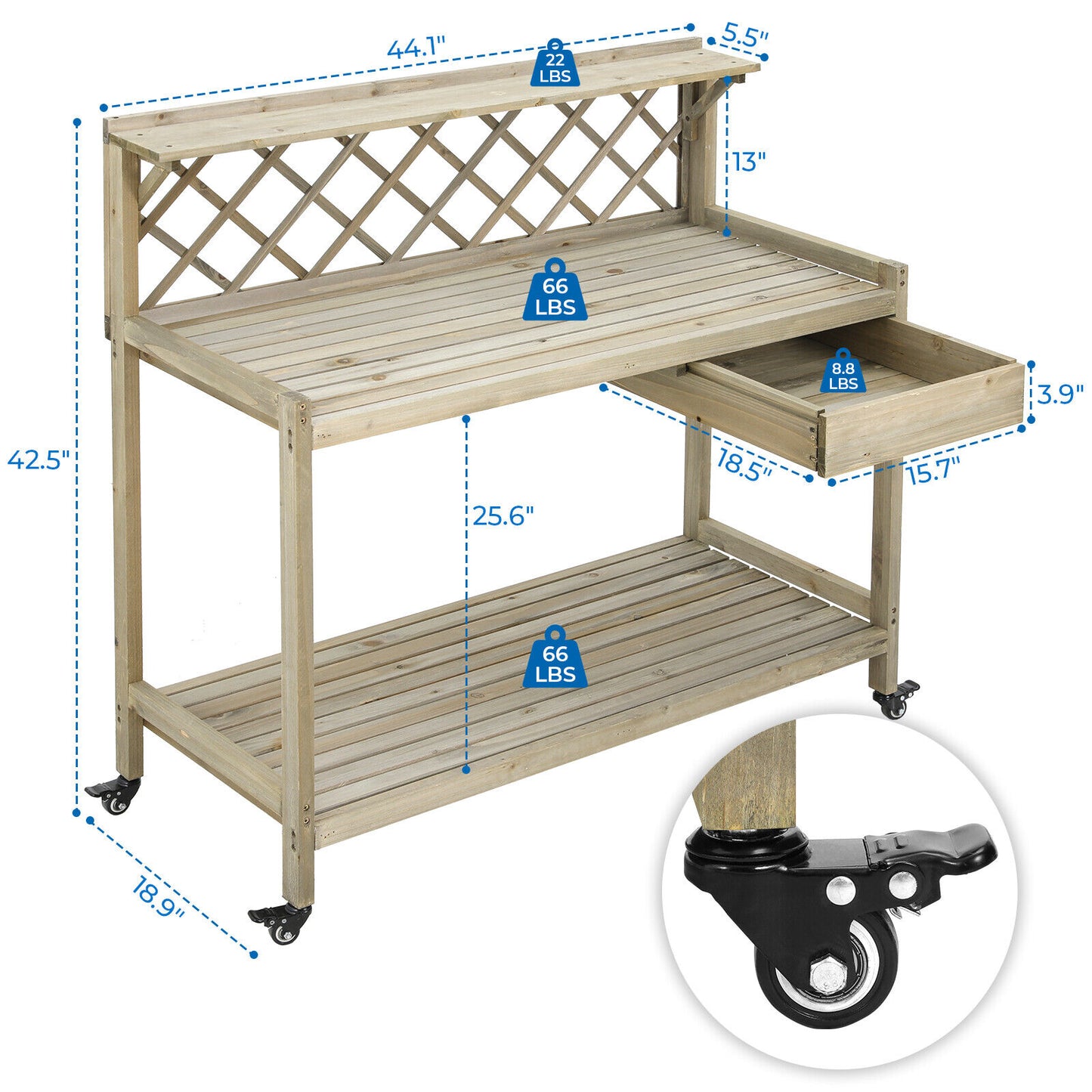 Arlopu Garden Potting Bench with Wheels, Wooden Workstation Table with Cabinet Drawer, Open Storage Shelf