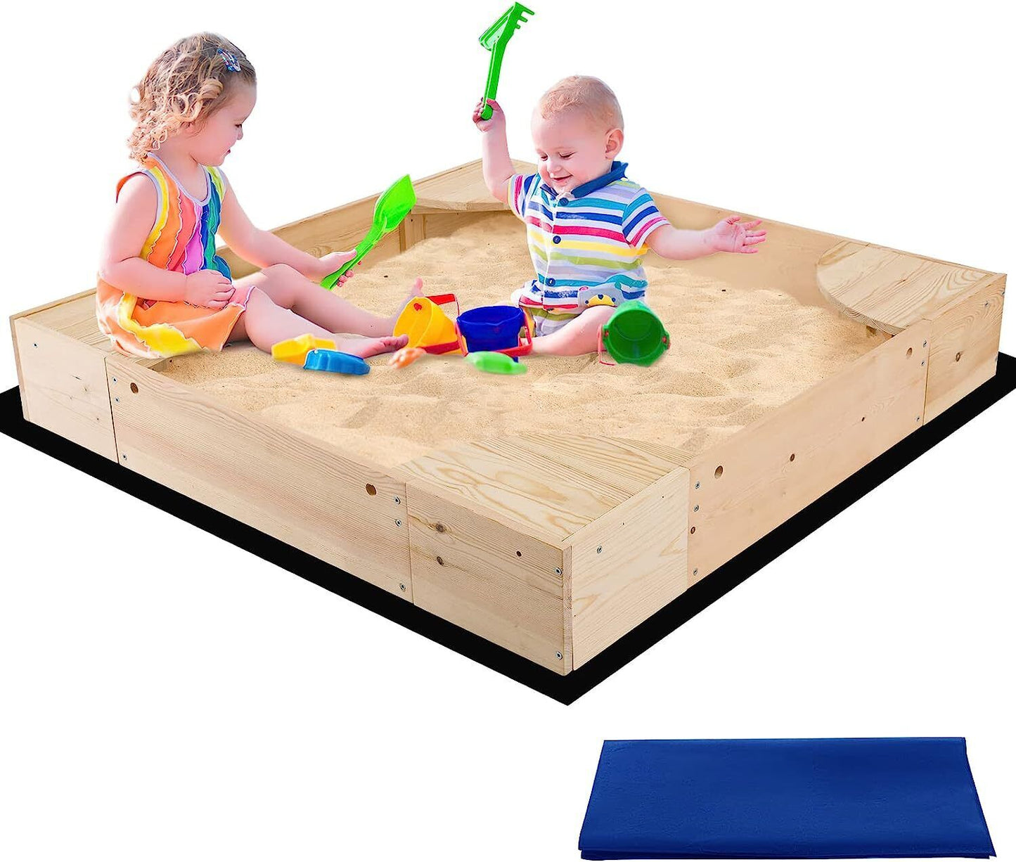 Arlopu Wooden Sandbox with Cover, Outdoor Kids Sandpit Box with 4 Built-in Corner Seats for Toddlers Age 2 to 8