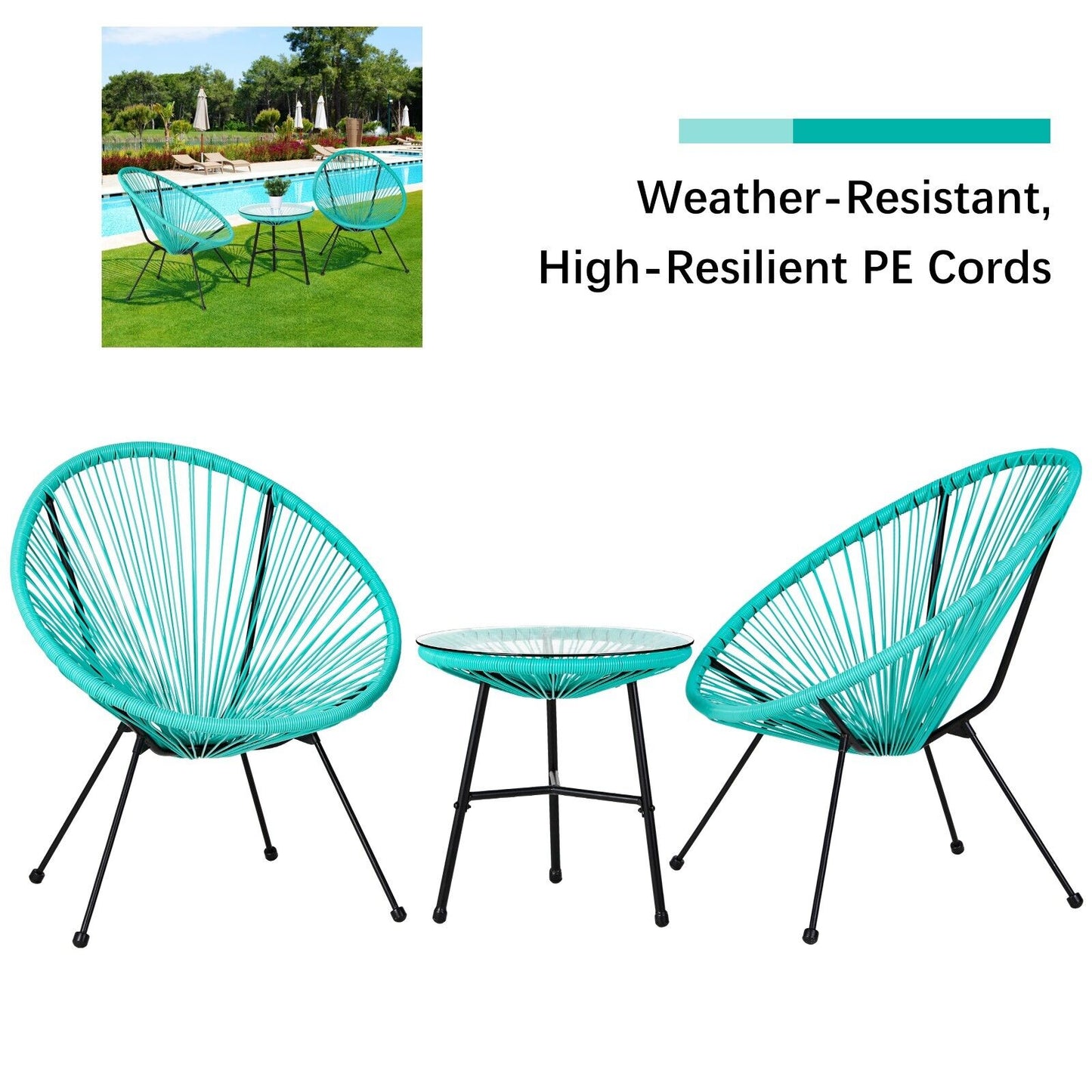 Arlopu 3-Piece All Weather Acapulco Set Patio Conversation Bistro Set Outdoor Furniture With Plastic Rope 2 Chairs and Glass Top Table