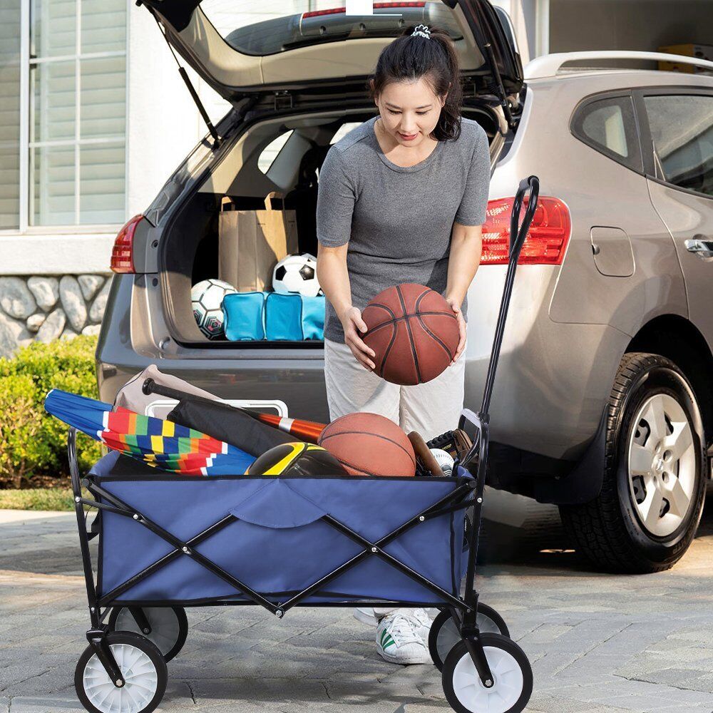 Arlopu Collapsible Utility Wagon Cart, Folding Grocery Cart Outdoor Camping Cart, 150 lbs, 262L (Navy Blue)