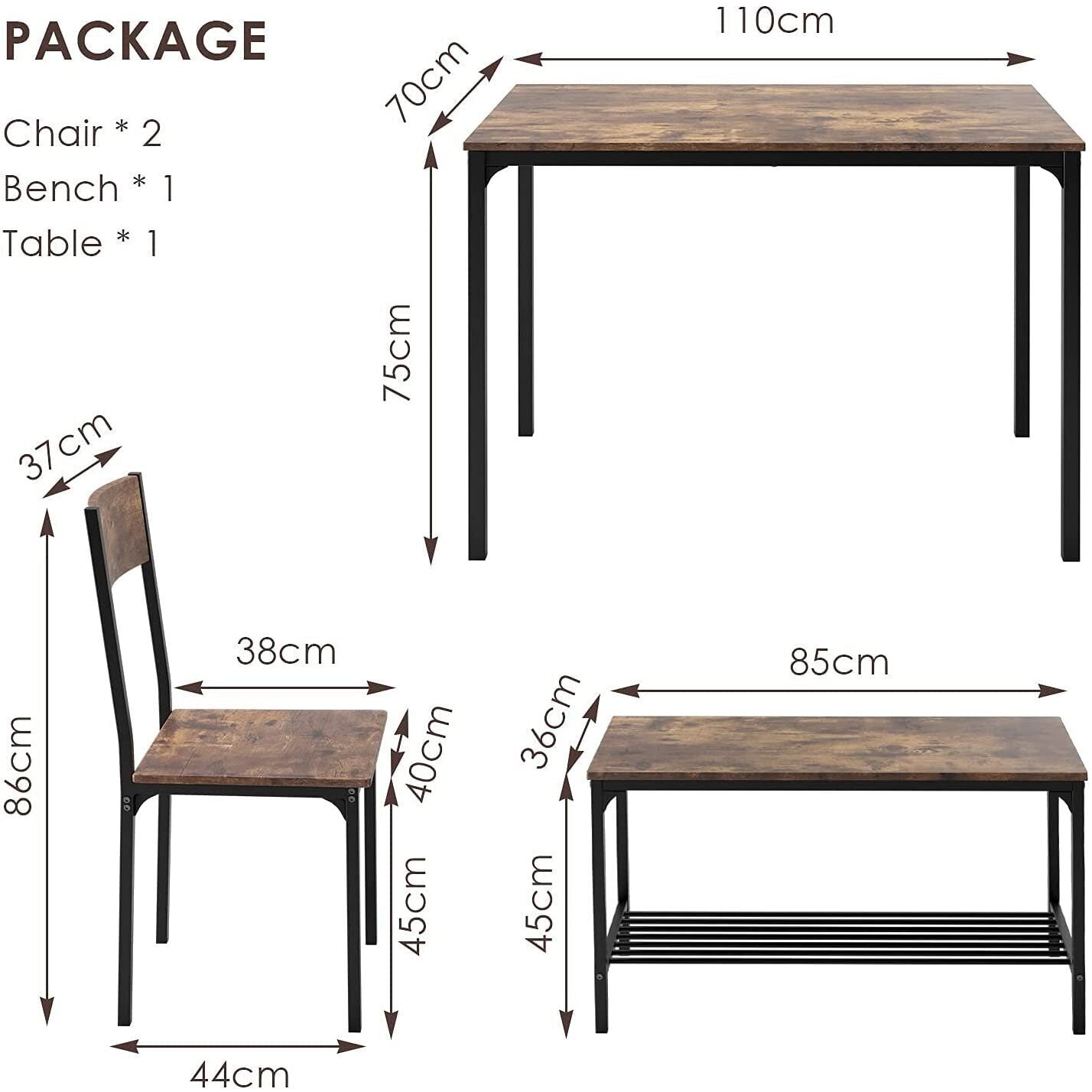 Arlopu 4 Piece Dining Table Set with 2 Chairs and Bench, 43'' Wooden Kitchen Table Counter Height for Kitchen, Dining Room, Small Space