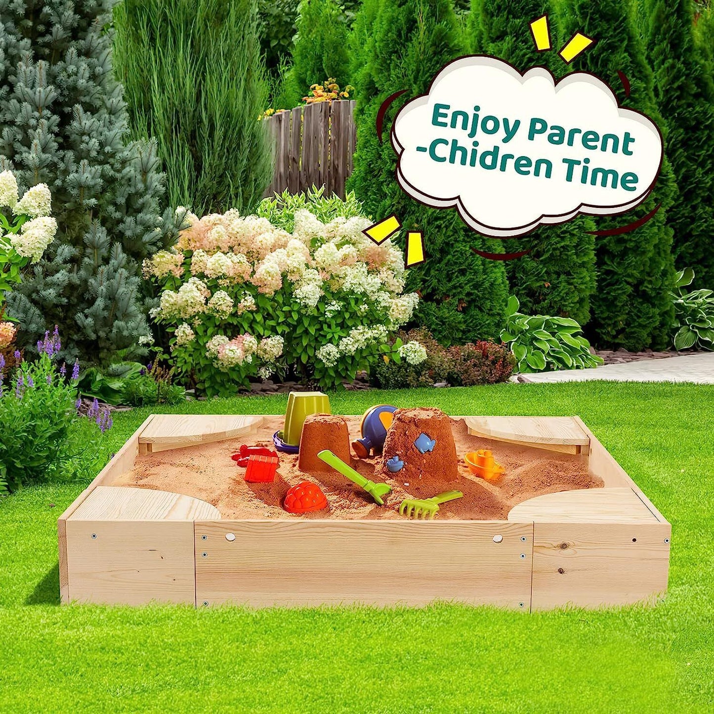 Arlopu Wooden Sandbox with Cover, Outdoor Kids Sandpit Box with 4 Built-in Corner Seats for Toddlers Age 2 to 8