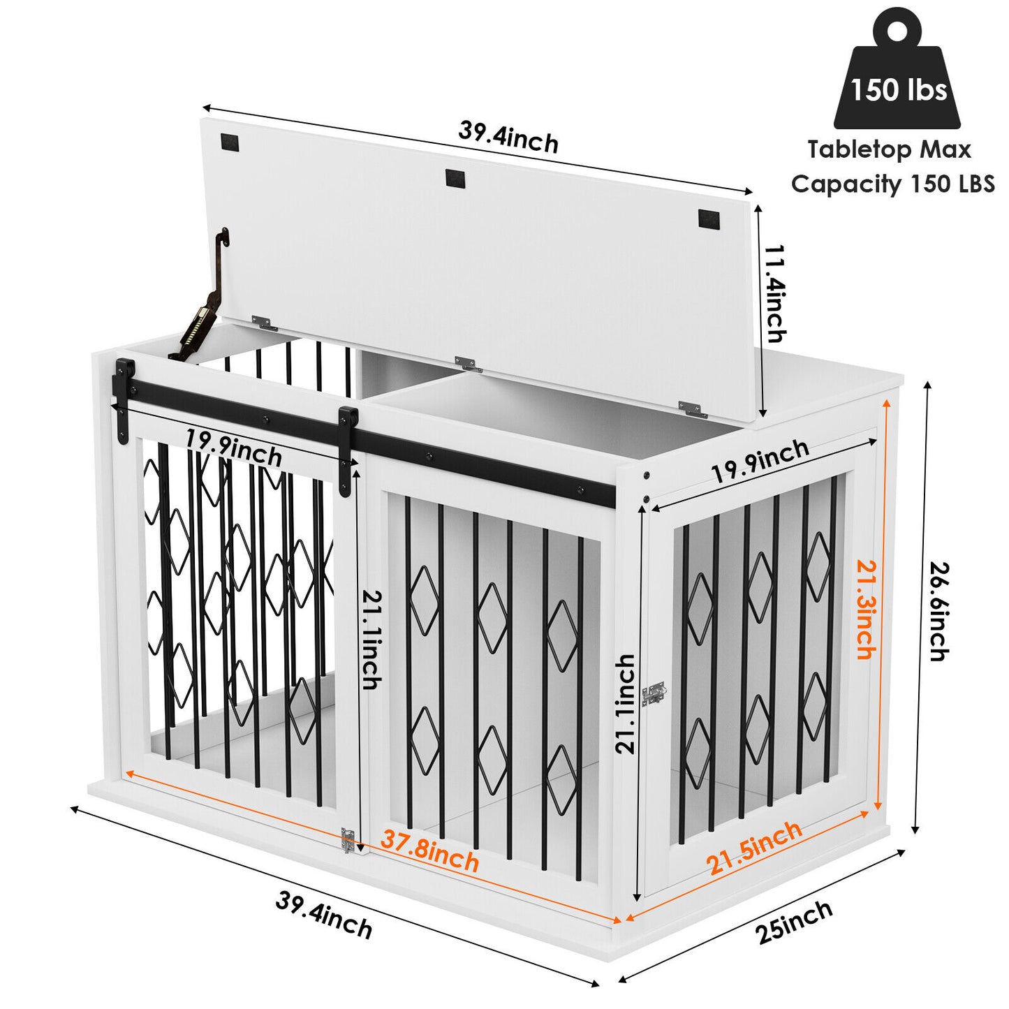 Arlopu Large Dog Crate Furniture with Sliding Barn Door, Wooden Indoor Dog Kennel w/Flip-top, 39.4'' Heavy Duty Modern Puppy Dog Cage End Table with Detachable Divider for Small / Medium Pets