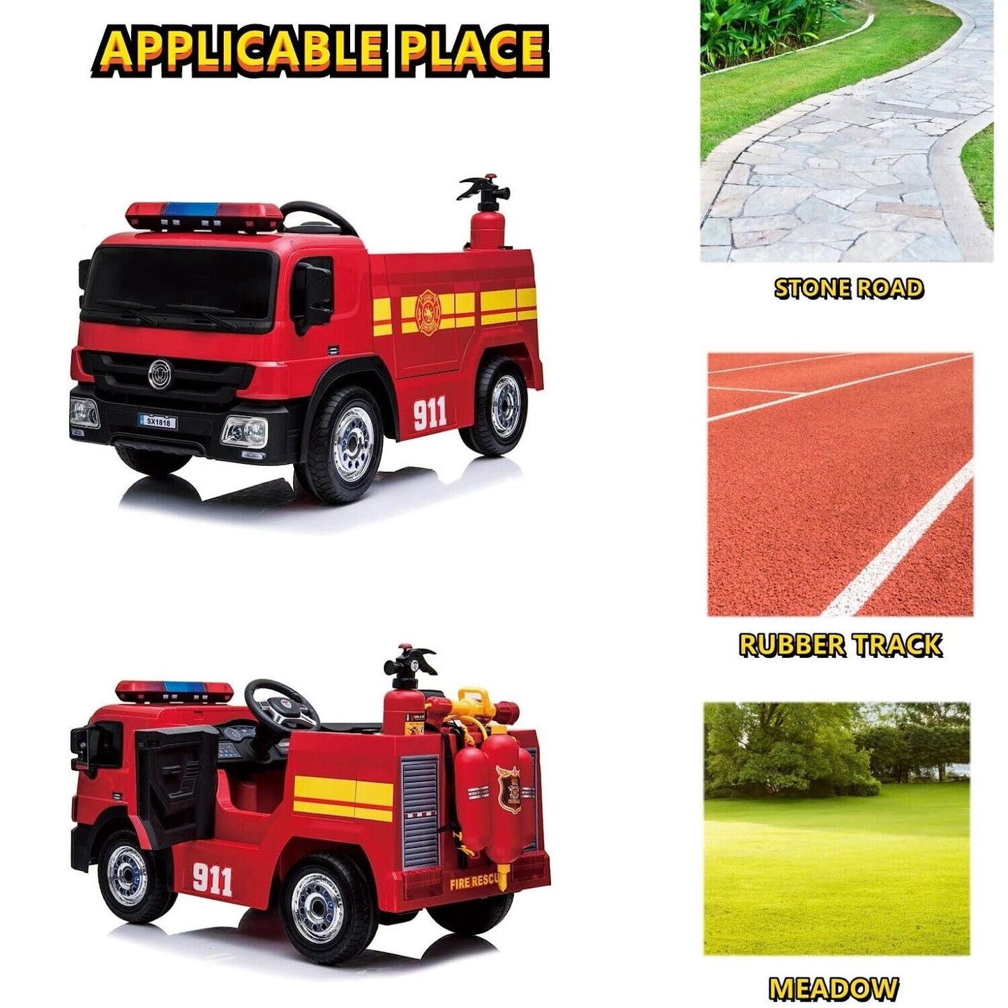 Arlopu Kids 12V Ride On Fire Truck, Battery Powered Toy Car, with Parent Remote Control, Spring Suspension, Simulation Kids' Electric Vehicles, Power Wheels with Accessories, LED Lights, MP3 Player