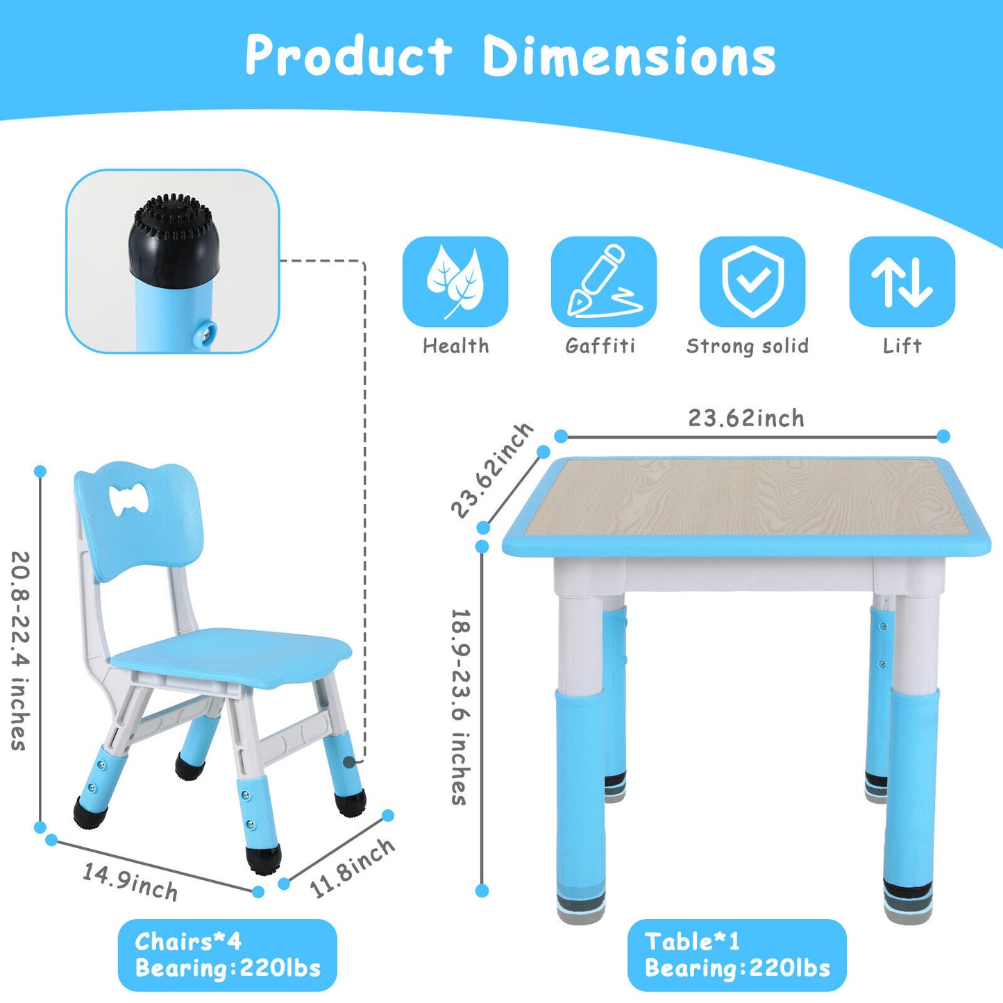 Arlopu Kids Study Table and 4 Chairs Set, Height Adjustable Toddler Arts & Crafts Multi Activity Table with Graffiti Desktop, for Classroom / Daycare / Home