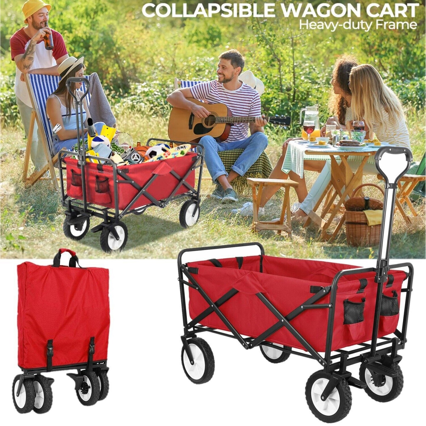 Arlopu Outdoor Collapsible Utility Wagon, Folding Garden Cart with Brake Wheels, Heavy Duty Grocery Wagon Shopping Cart