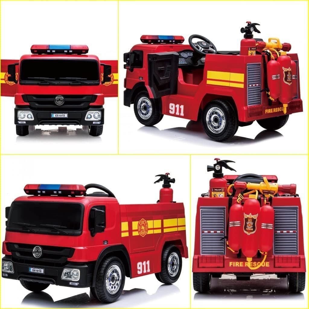 Arlopu Kids 12V Ride On Fire Truck, Battery Powered Toy Car, with Parent Remote Control, Spring Suspension, Simulation Kids' Electric Vehicles, Power Wheels with Accessories, LED Lights, MP3 Player