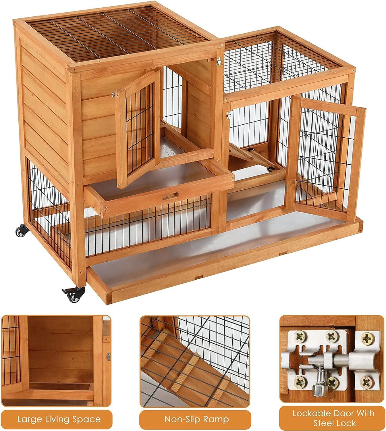 Arlopu 43.3'' Wooden Rabbit Hutch, Elevated Rabbit Cage On Brake Wheel, Large Rolling Bunny Hutch, with 2 Deeper No Leak Tray, Ramp, for Small Animals