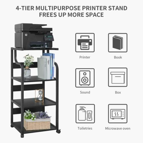 Arlopu 4-Tier Mobile Printer Stand with Wheels, Home Office Printer Cart with Storage Shelves