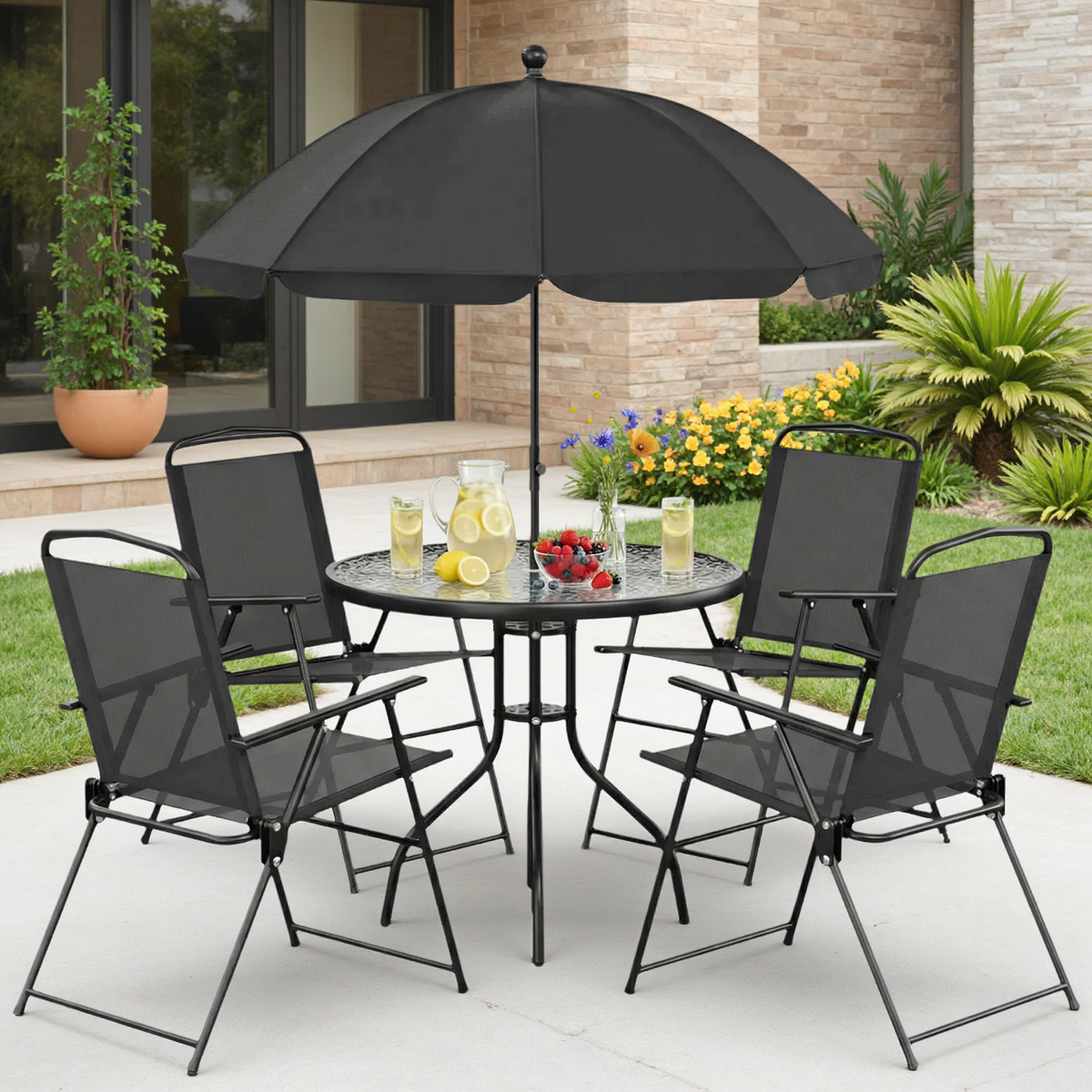 Arlopu 6-Piece Outdoor Patio Dining Set, Round Glass Table & 4 Folding Textilene Chairs & 65″ Umbrella for Poolside Backyard Garden