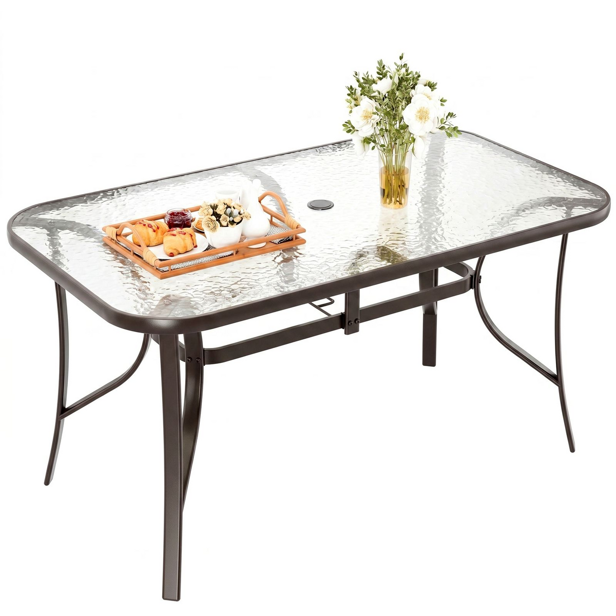 Arlopu Patio Rectangular Tempered Glass Dining Table, All-Weather Use, Outdoor Table for Garden & Backyard