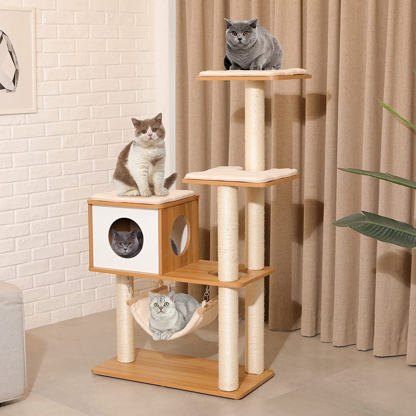 Arlopu 52" Wooden Cat Tree Tower, Cat Condo Climbing Tower with Hammock & Scratching Post