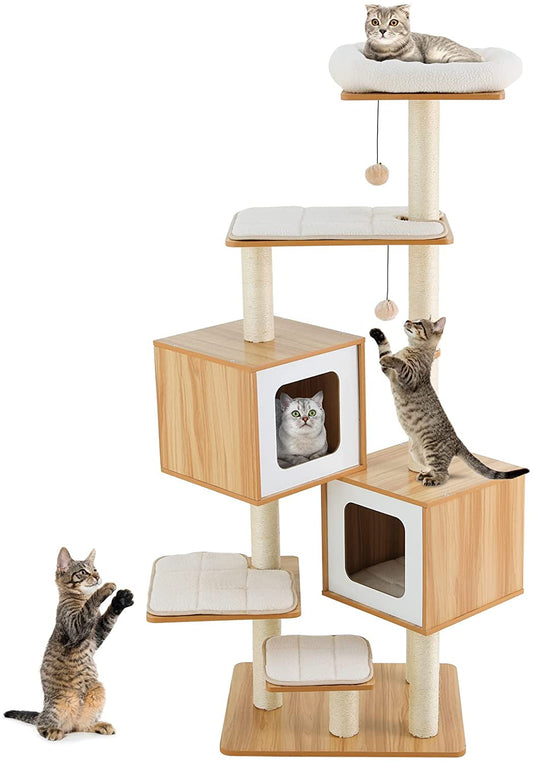Arlopu 63" Modern Cat Tree Towers, Multi-Level Wooden Cat Climbing Stand Condo Furniture, Large Cat Activity Center House, w/Sisal Scratching Post, 2 Balls, Removable Mats, Perch, for Large Cats
