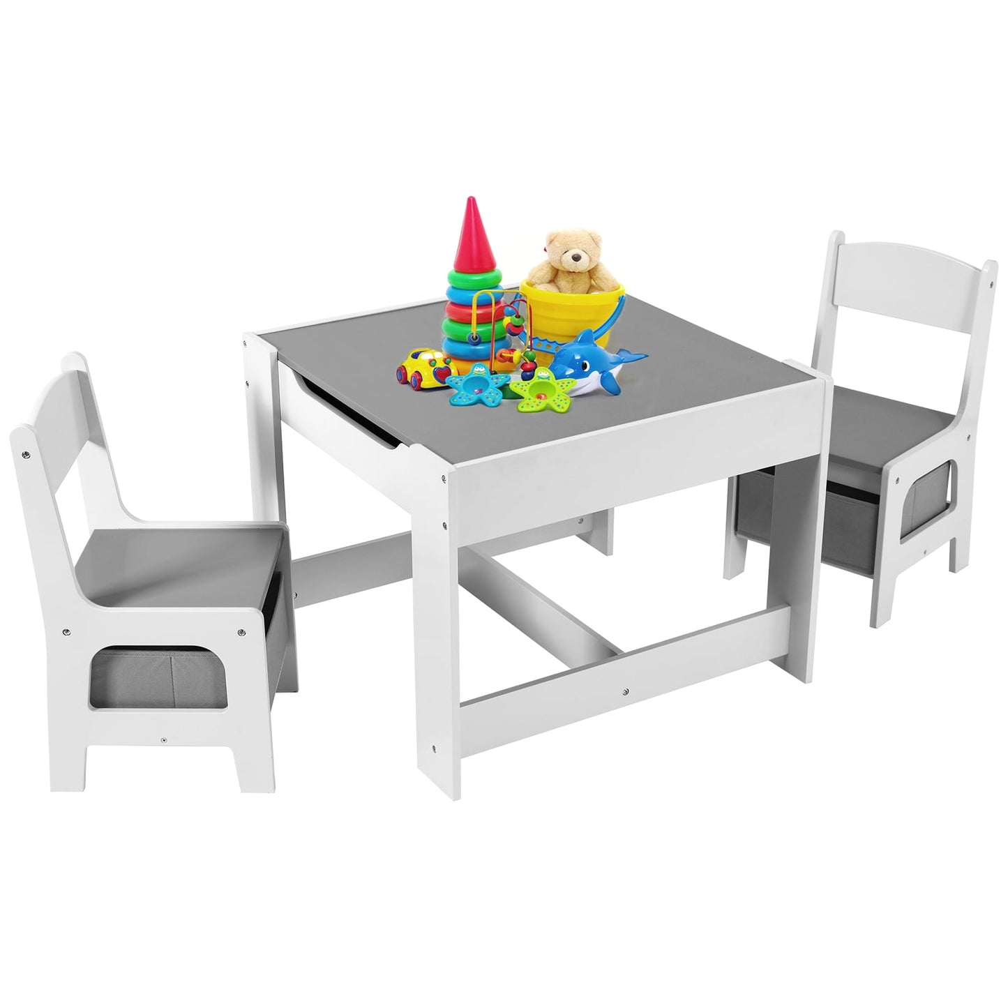 Arlopu Kids Table and 2 Chairs Set with Storage Drawer Children Writing Reading Table for Toddlers 2-8 Years