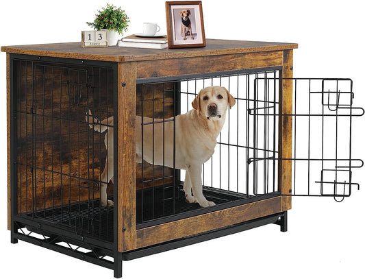 Arlopu 38.6" Dog Crate Furniture, Wooden Side End Table, Modern Indoor Dog Kennel with Double Doors, Heavy-Duty Dog Cage with Pull-Out Tray