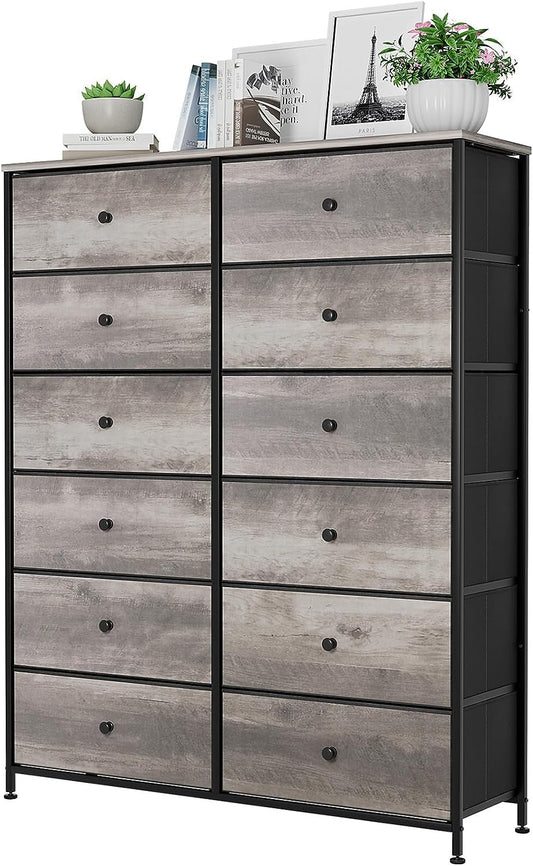 Arlopu 12-Drawer Dresser, 6-Layer Fabric Storage Tower W/ Textured Print Fabric Bins, Tall Chest Organizer Unit for Bedroom, Living Room, Hallway, Nursery, Closets, Adjustable Feetpad, Wood Top